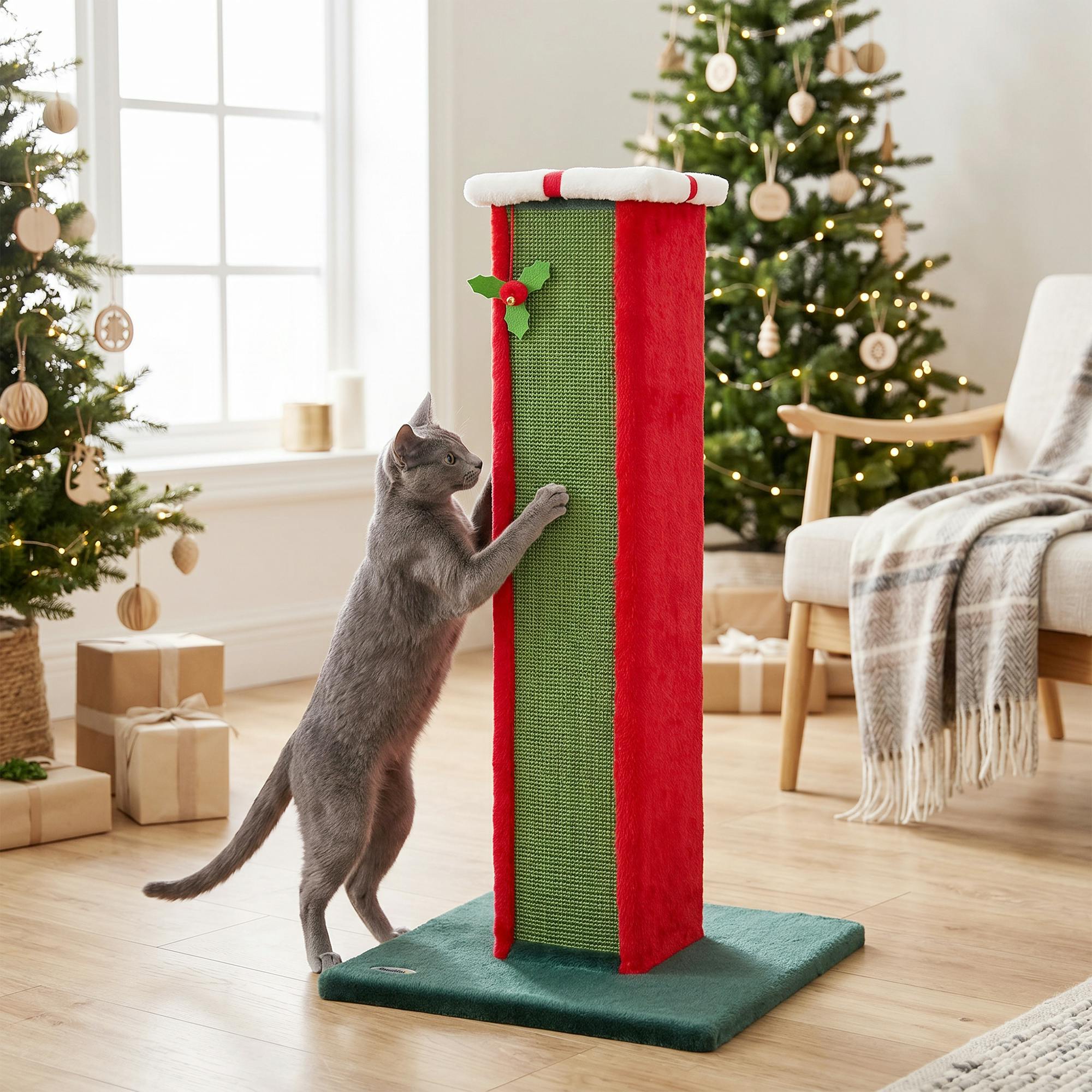 Pawhut Green/Dark 81Cm Tall Cat Scratching Post For Indoor Cats With Bell Toy