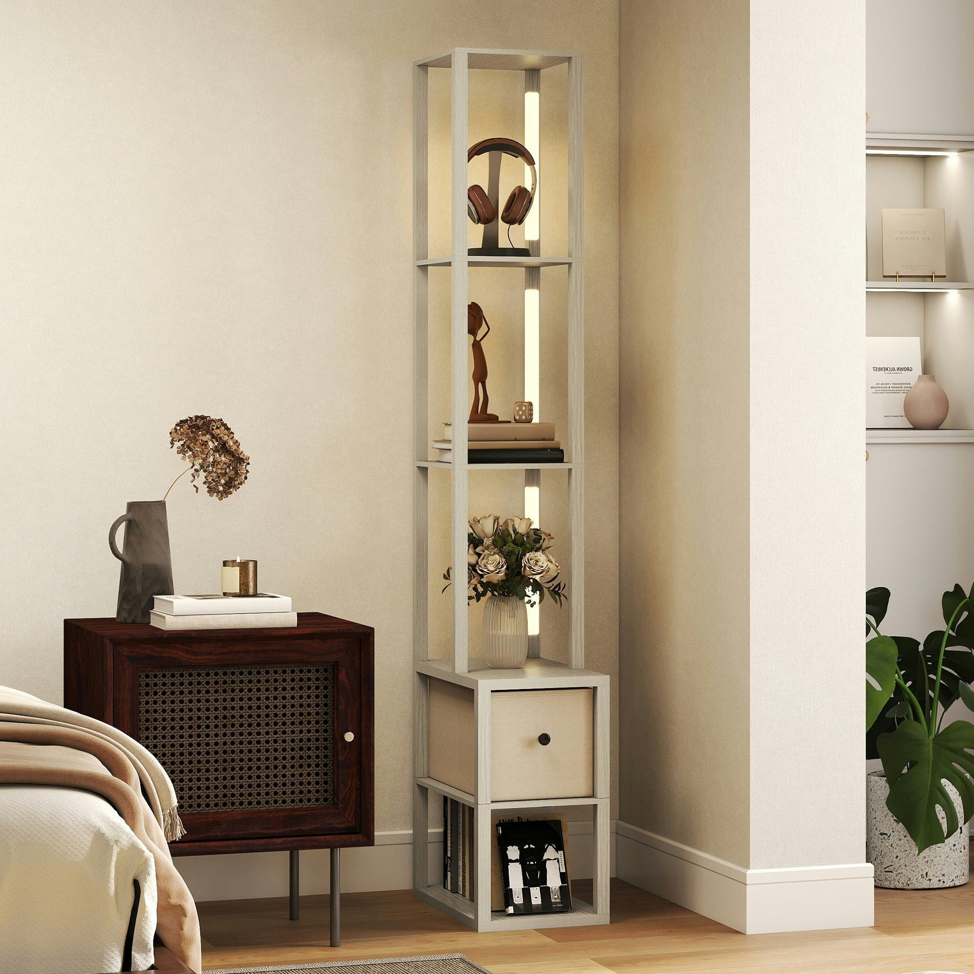 Rackhams White/Light Floor Lamp With Shelves, Led Standing Lamp With Fabric Drawer, Oak - Oak