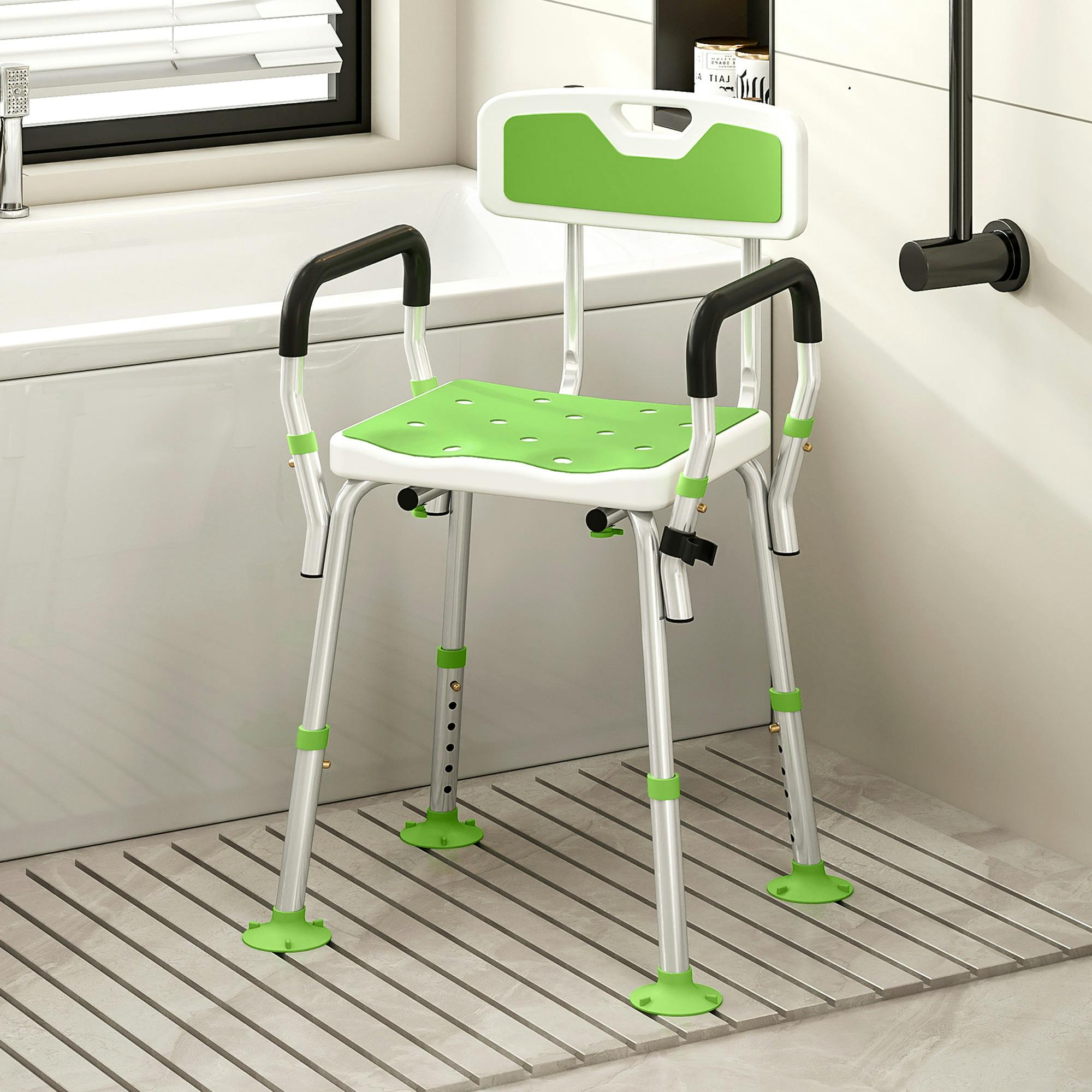 Homcom Green Padded Shower Stool With Arms And Back, 4 Suction Foot Pads,