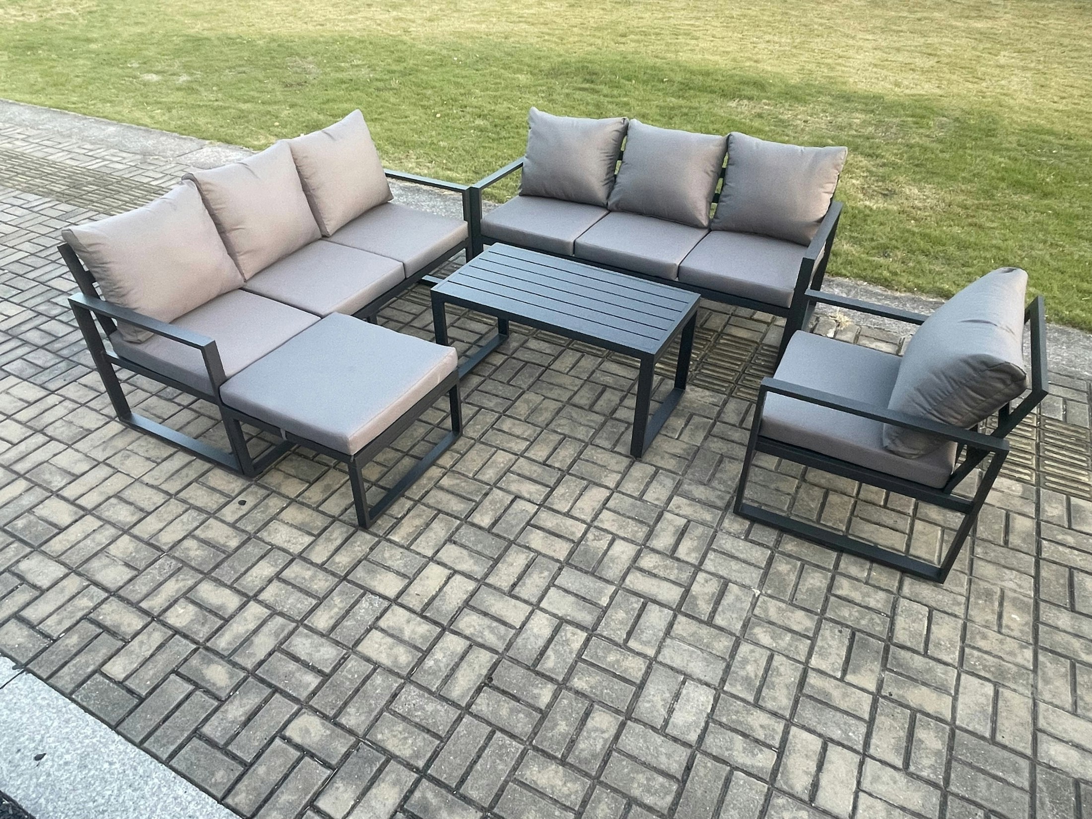 Rackhams Dark/Grey Aluminium 8 Seater Garden Furniture Outdoor Patio Sofa Set With Rectangular Coffee Table Armchair Big Footstool