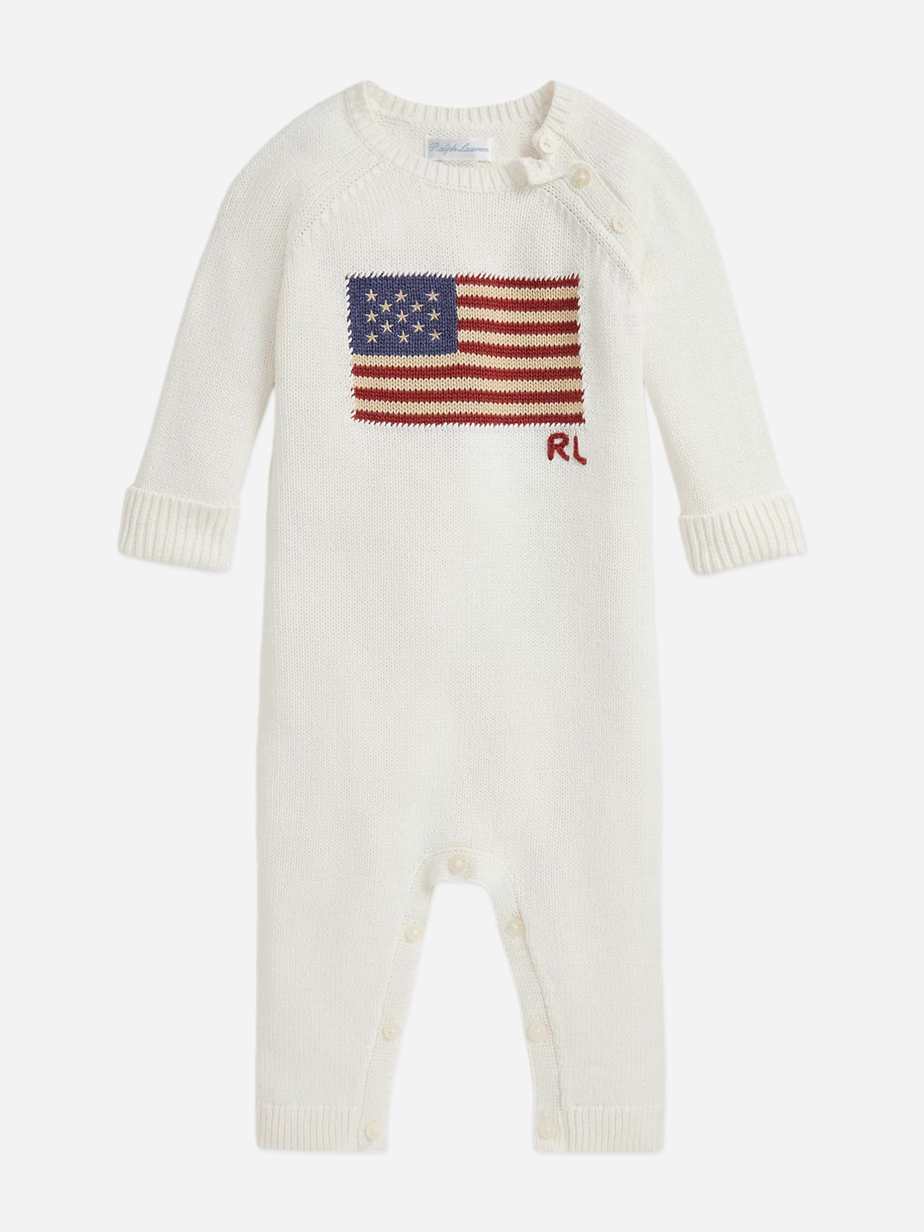 Ralph Lauren Kids Boys Ivory Ralph Lauren Baby Cotton Flag Romper In - 6 Mths