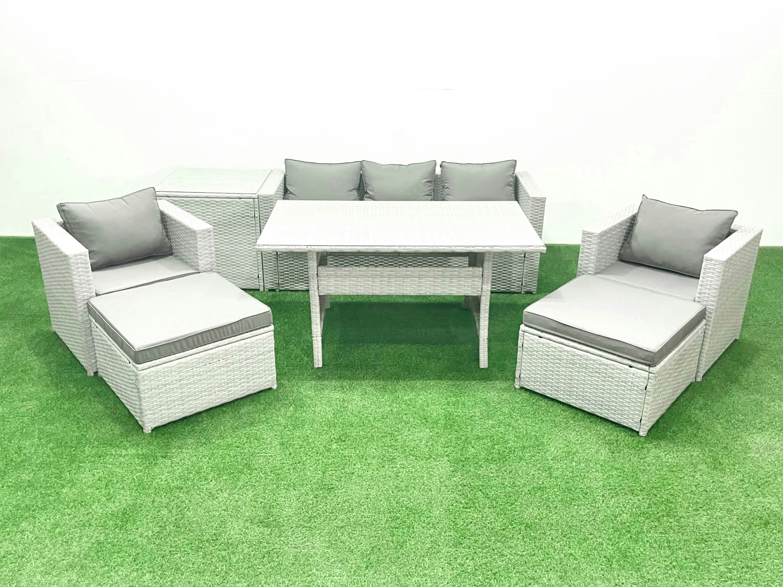 Fimous Light/Grey Garden Dining Set Outdoor Rattan Furniture Set With Sofa Dining Table 2 Chairs 2 Big Footstools Side Table Mixed