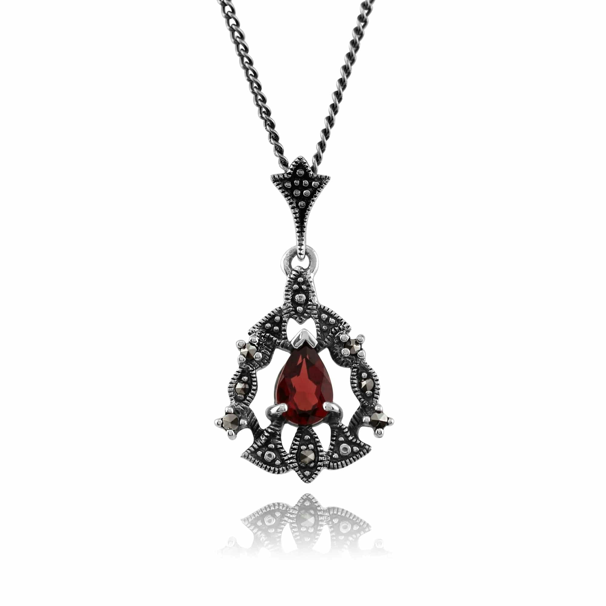 Gemondo Silver Art Nouveau Style Pear Garnet & Marcasite Garland Pendant In