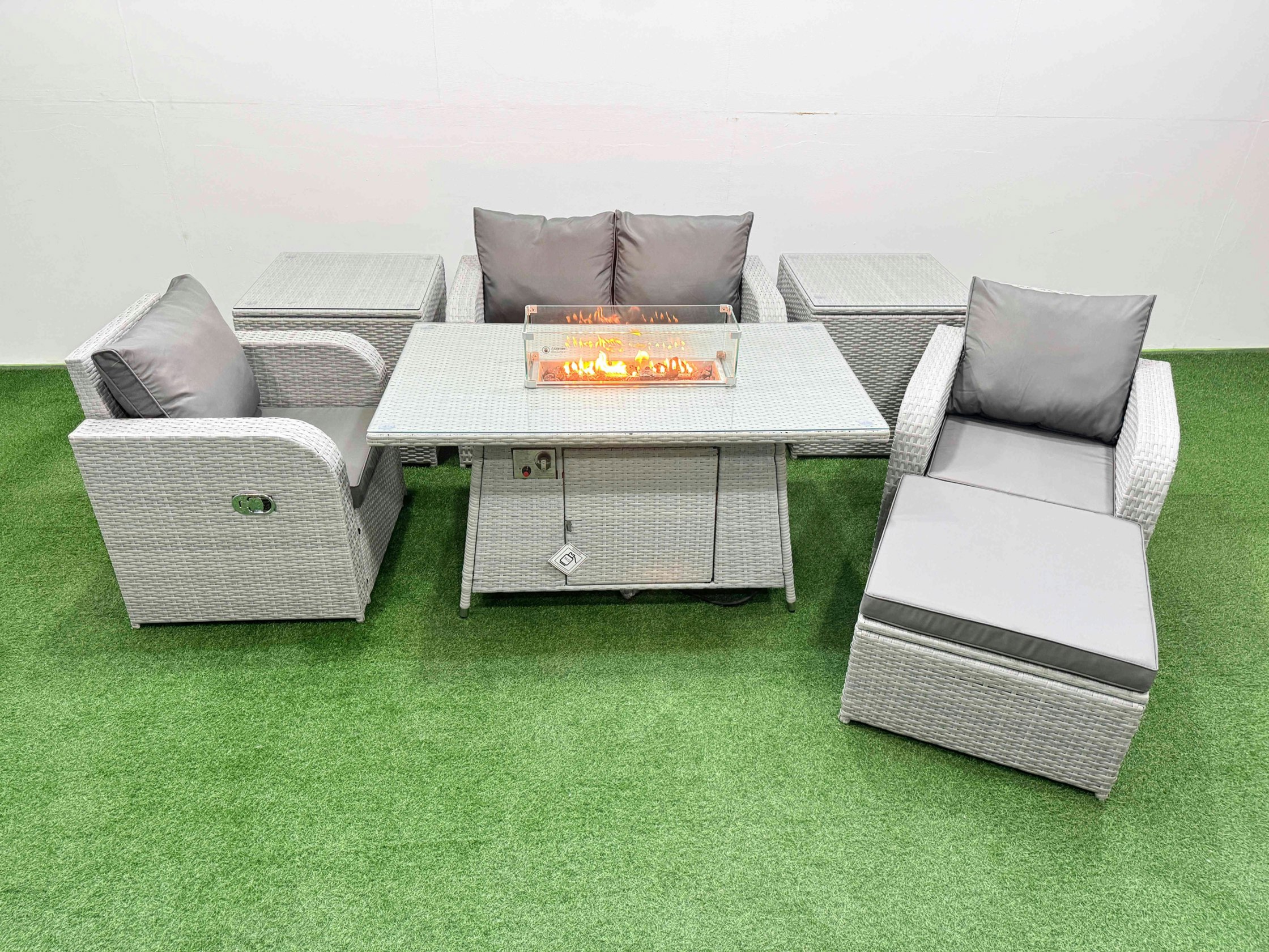Rackhams Light/Grey Pe Wicker Rattan Garden Furniture Set Sofa Set Reclining Chair Fire Pit Dining Table 5 Seater With Footstool 2 Side Table