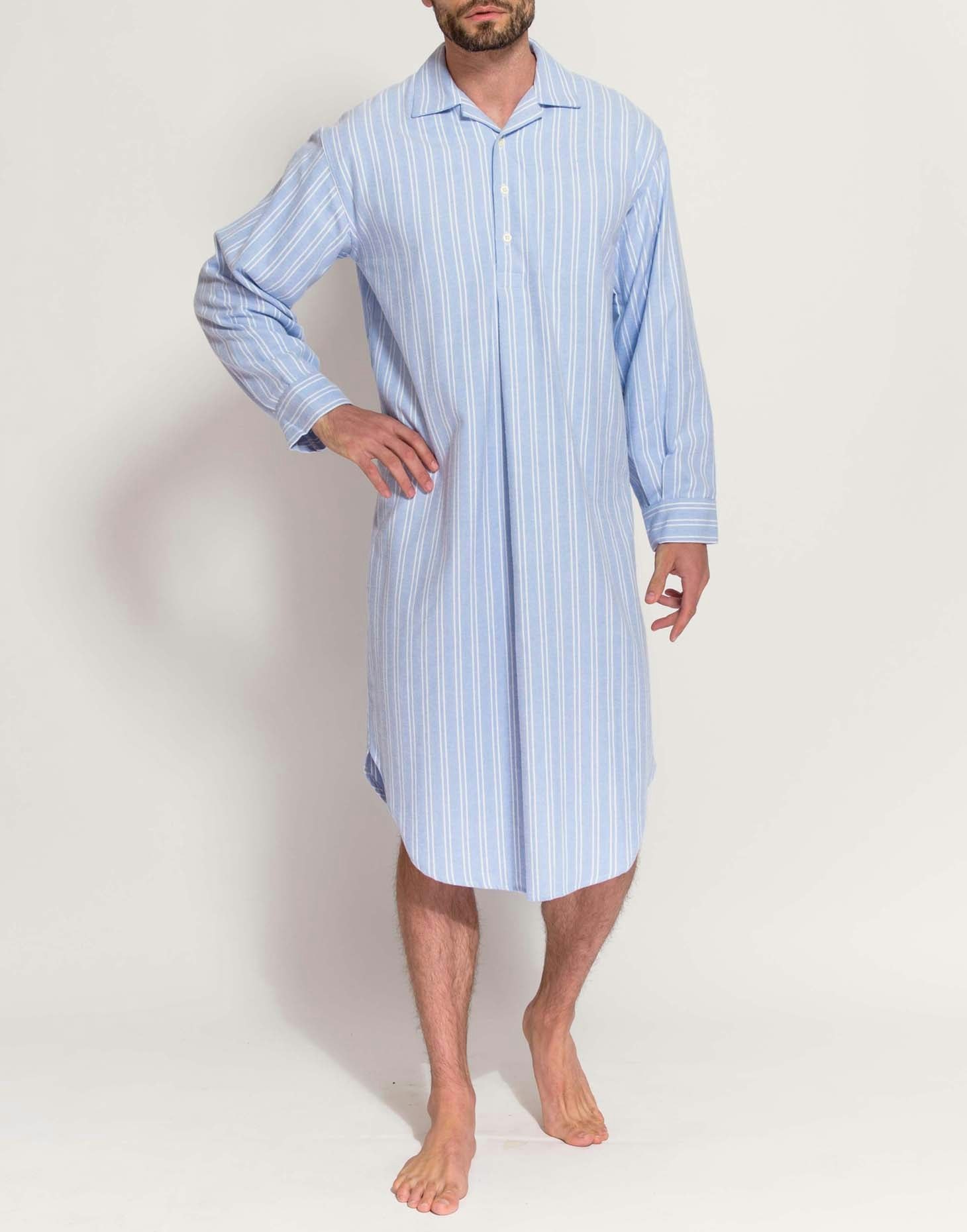 British Boxers Men's Blue Brushed Cotton Nightshirt – Westwood Stripe - XX-Large