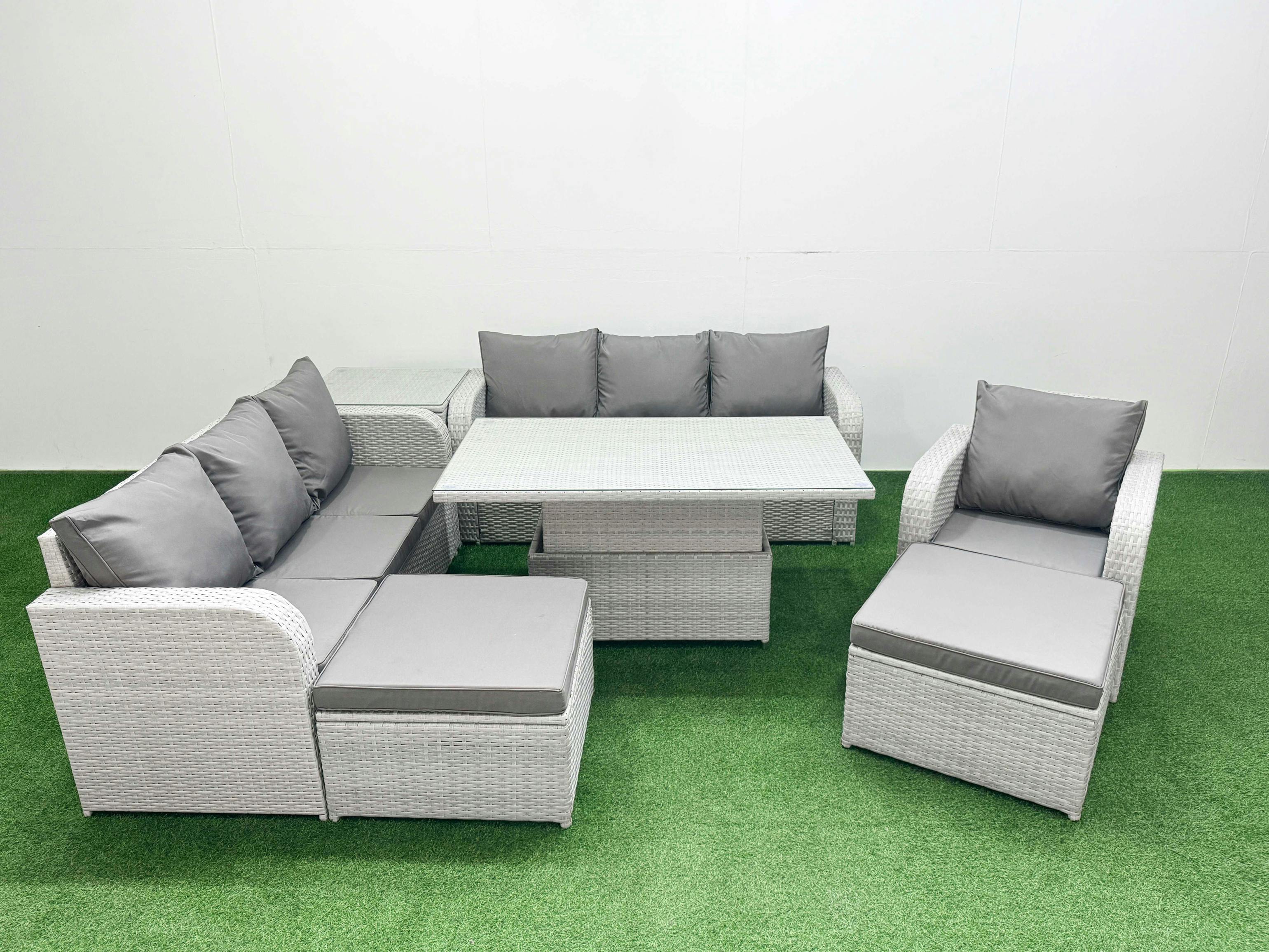 Rackhams Light/Grey 9 Seater Rattan Garden Furniture Set With Adjustable Height Table, 2 Sofas, 1 Reclining Chair, 2 Footstools & 1 Side Table