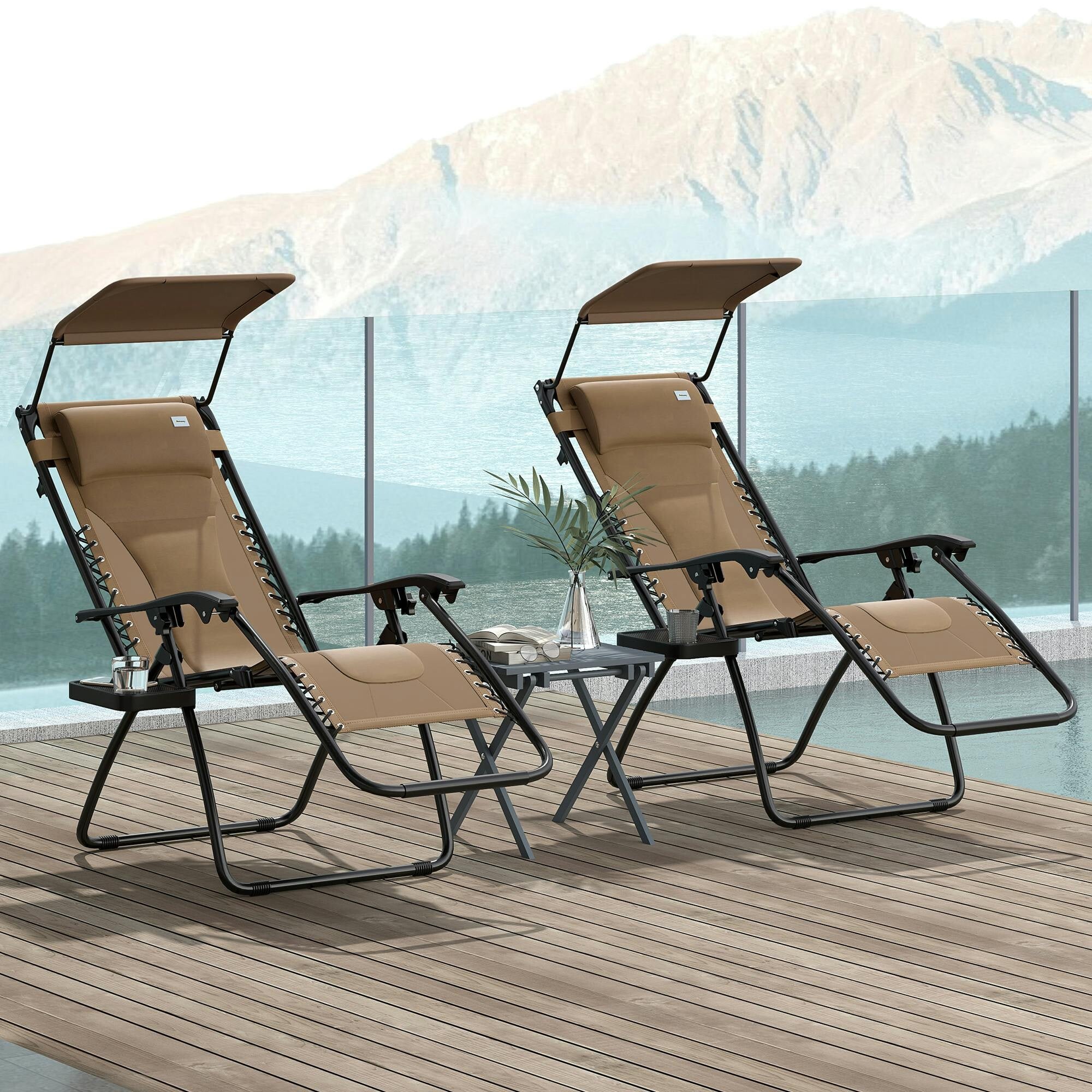 Rackhams Brown Zero Gravity Lounger Chair Set Of 2, Folding Reclining Patio Chair With Shade Cover, Cup Holder, Soft Cushion And Headrest, Coffee - Image 2