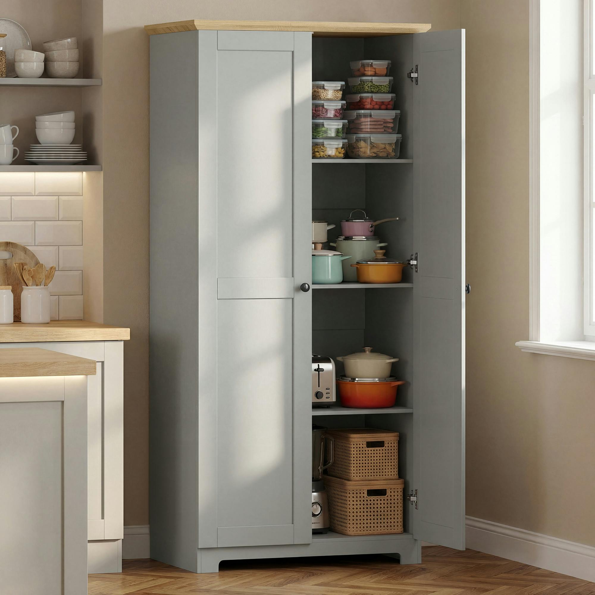 Rackhams Grey 172Cm Wooden Storage Cabinet Cupboard With 4 Shelves - 80 X 48 X172 Cm