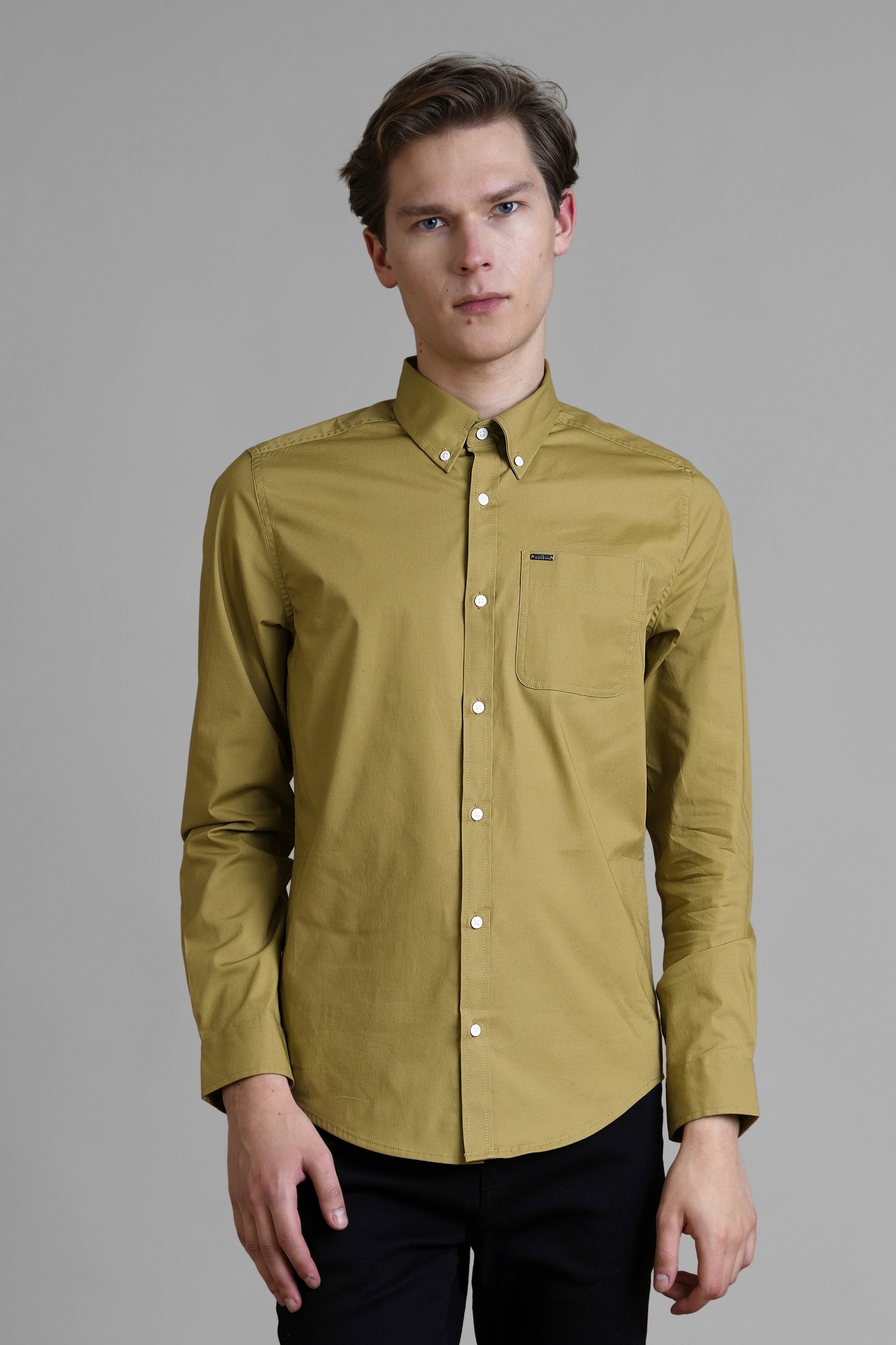 Enorsia Men's Gold Solid Long Sleeve Regular Fit Shirt - S - 97% Bci Cotton, 3% Spandex