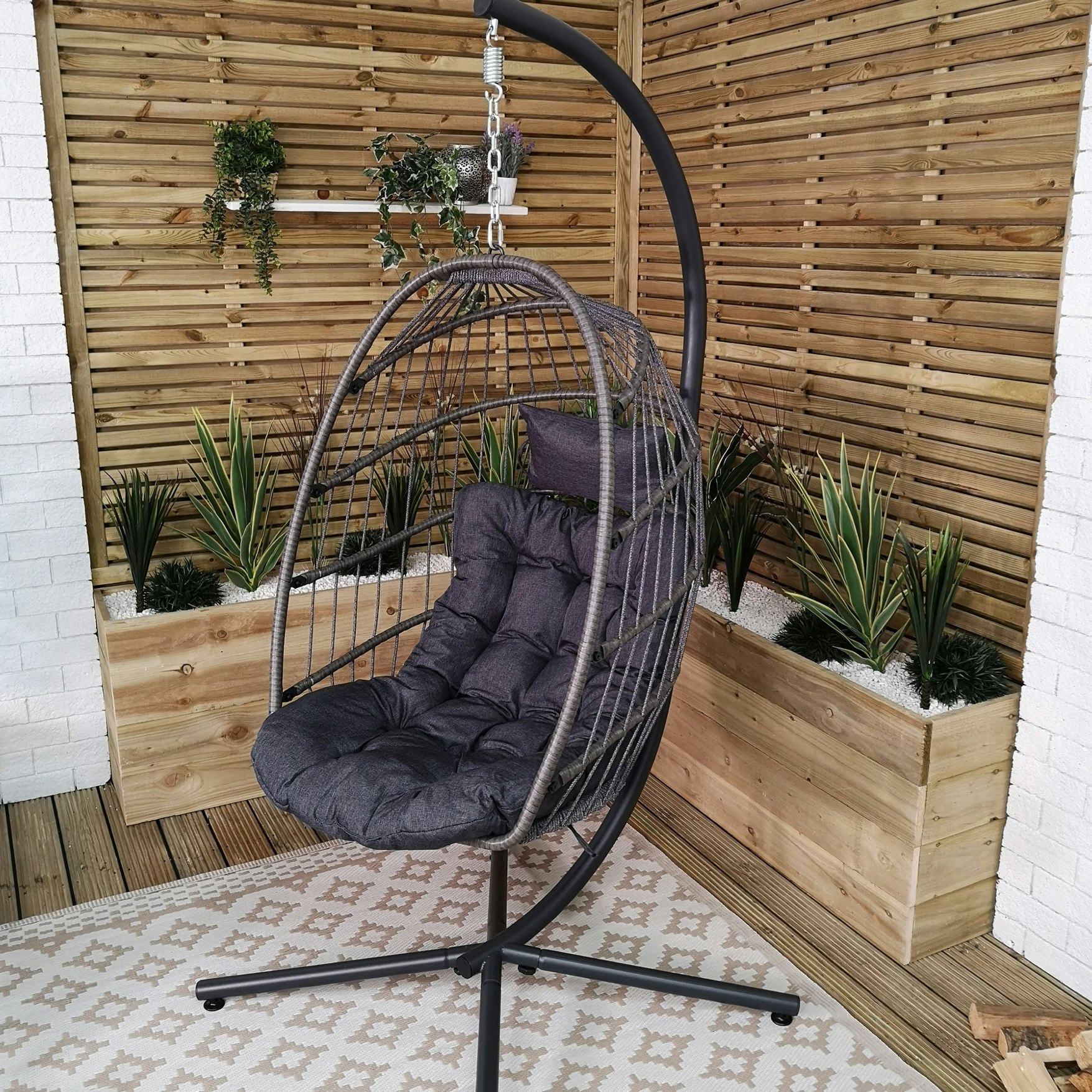 Samuel Alexander Grey Hanging Egg Chair With Stand Waterproof Cover And Cushions Steel Frame Rattan Outdoor Swing Chair