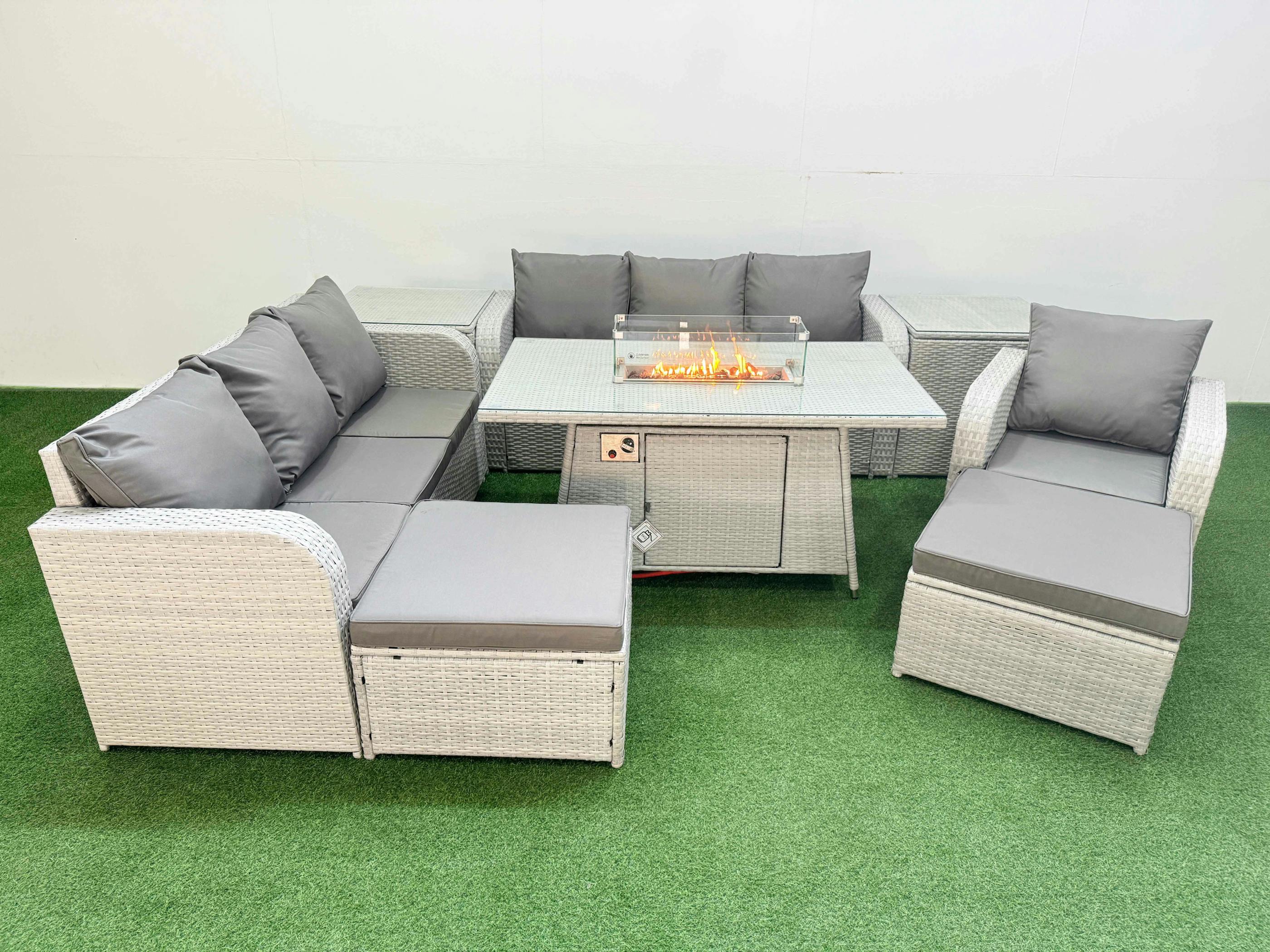Fimous Light/Grey 9 Seater Rattan Garden Furniture Patio Set, Firepit Table, 3 Seater Sofas, Reclining Chair, 2 Big Footstools & Side Table,