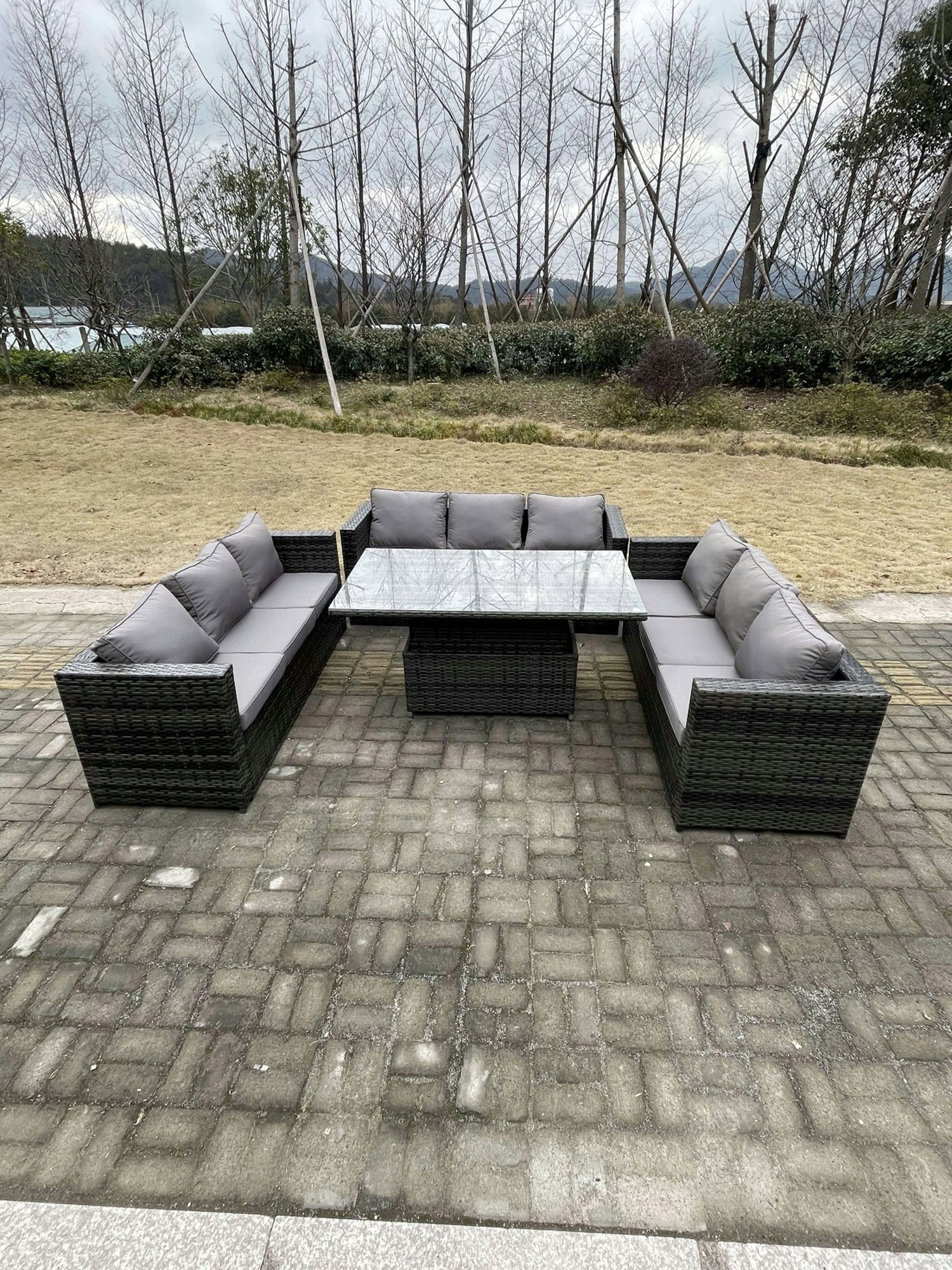 Rackhams Dark/Grey 9 Seater?Outdoor Garden Furniture Rattan Sofa Set Adjustable Rising Lifting Dining Table Mixed