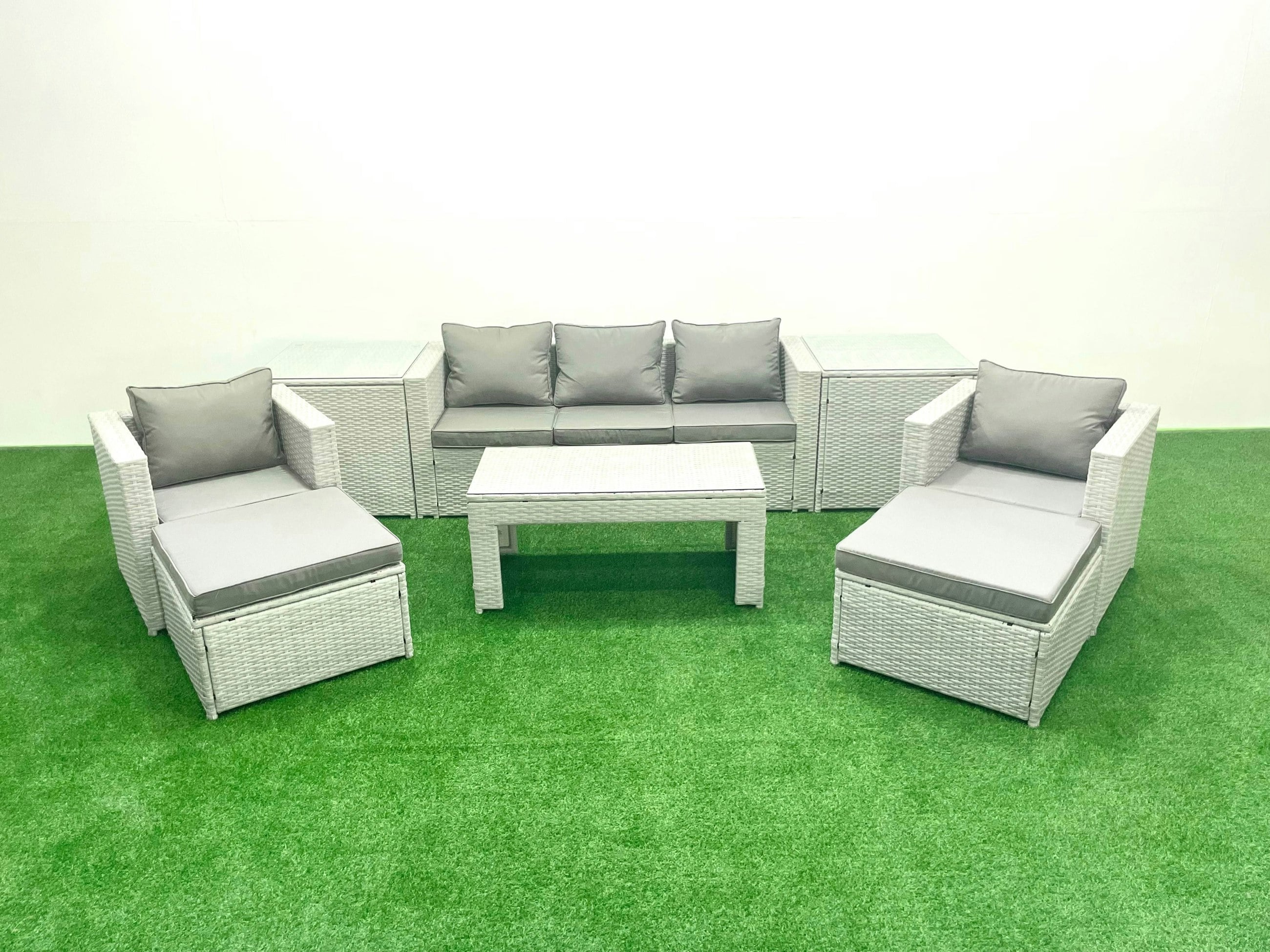 Fimous Light/Grey Rattan Garden Furniture Set 7 Seater Outdoor Garden Sofa 2 Chairs Oblong Coffee Table Set With 2 Stools 2 Side Tables Mixed