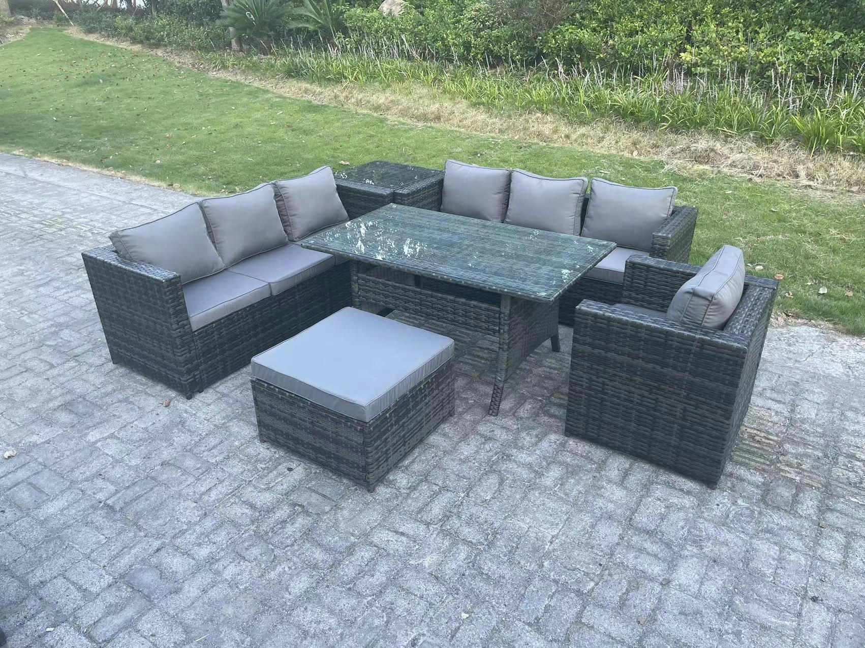 Rackhams Dark/Grey 8 Seater Outdoor Lounge Sofa Garden Furniture Set Patio Chair Rattan Rectangular Dining Table With Side Table Big Footstool Mixed