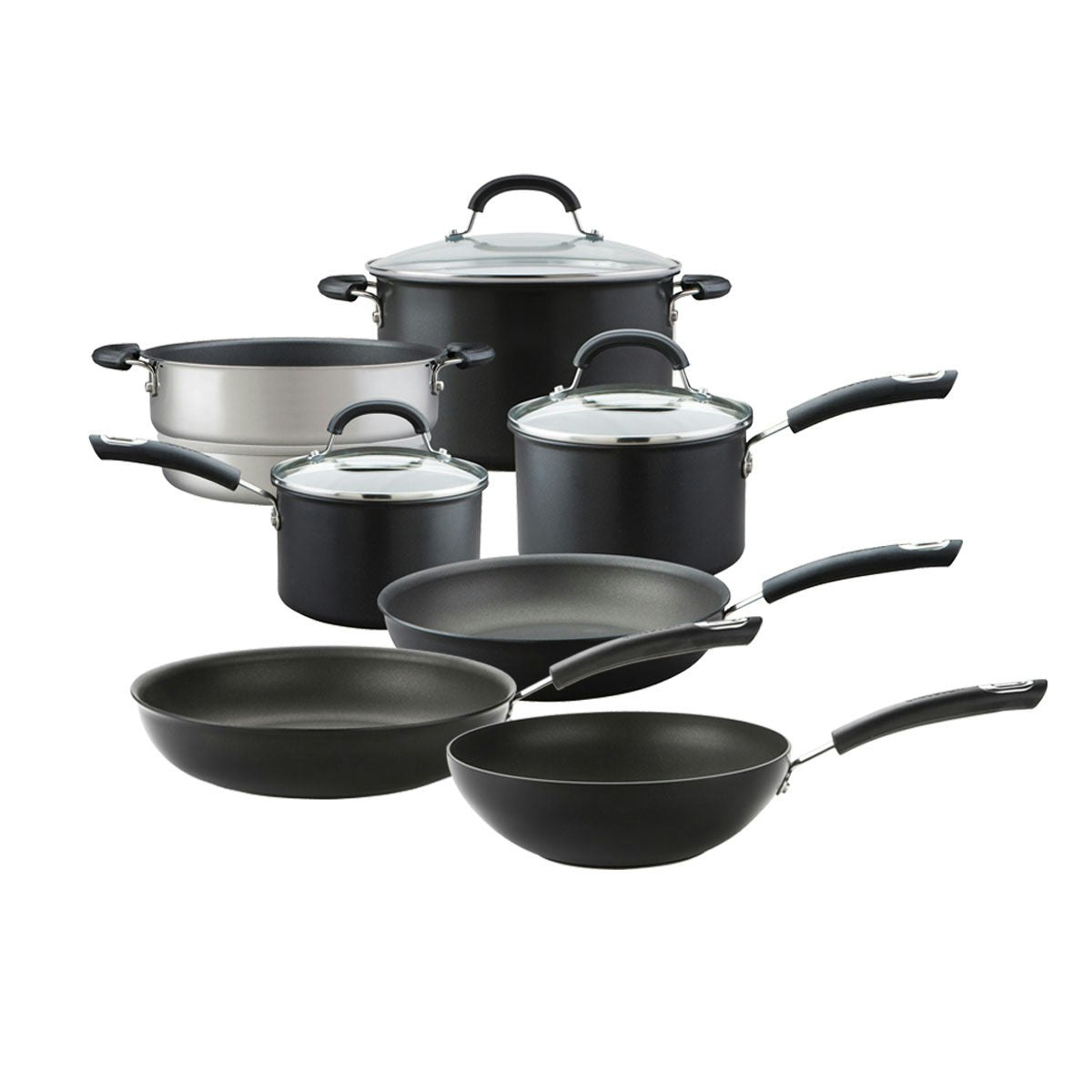 Rackhams Black Total Non-Stick Saucepan, Frying Pan & Steamer Set - 7 Pieces - 7 Piece - Aluminium