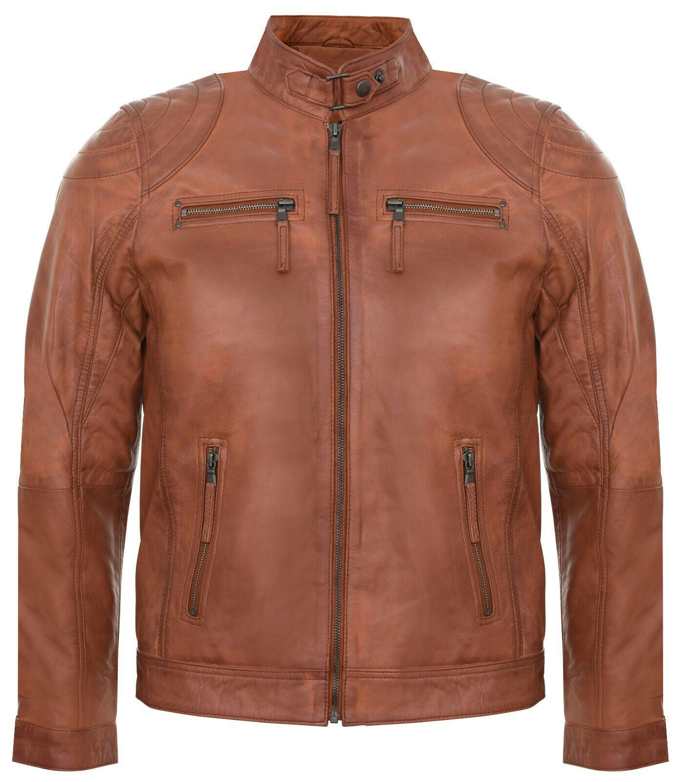 Infinity Leather Men's Black Leather Biker Vintage Zipped Racing Jacket - Uk Xl | Eu 52 | Us 42 - Tan