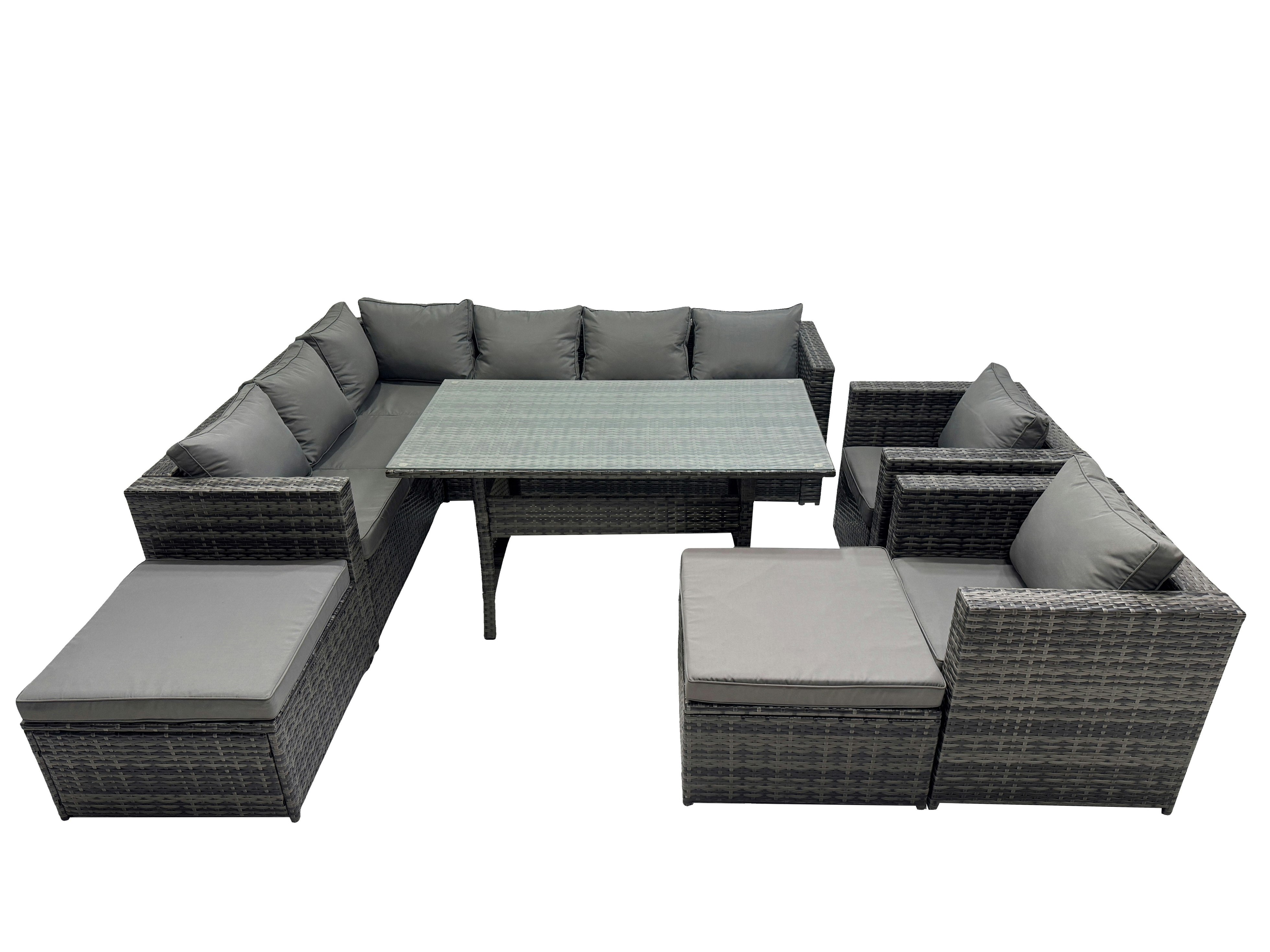 Rackhams Dark/Grey Outdoor Pe Rattan Sofa Set With Dining Table Patio Garden Furniture Sets With 2 Big Stool Mixed