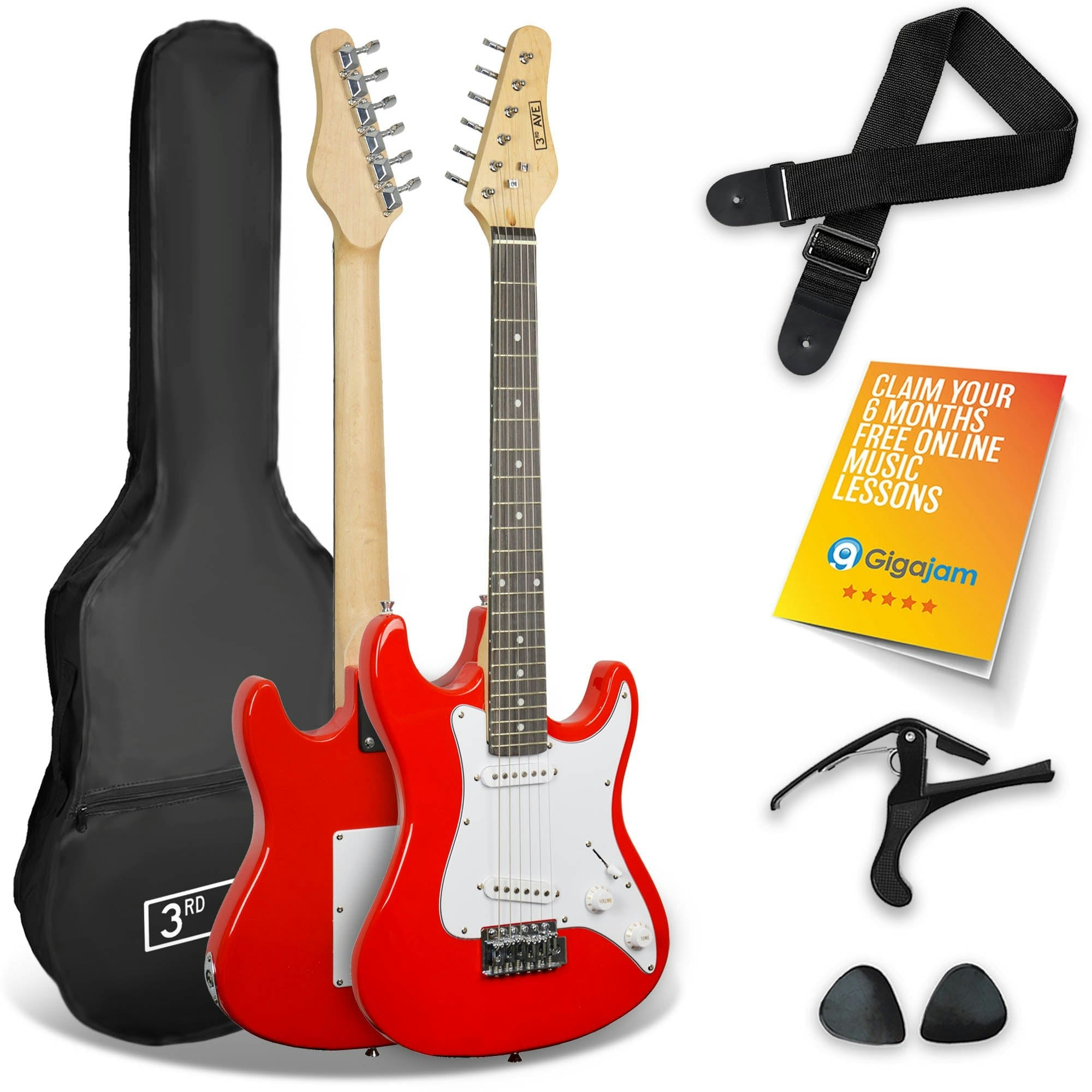 3rd Avenue XF 3/4 Size Electric Guitar Starter Beginner Pack with Bag, Strap, Picks and Capo - Red - Image 3