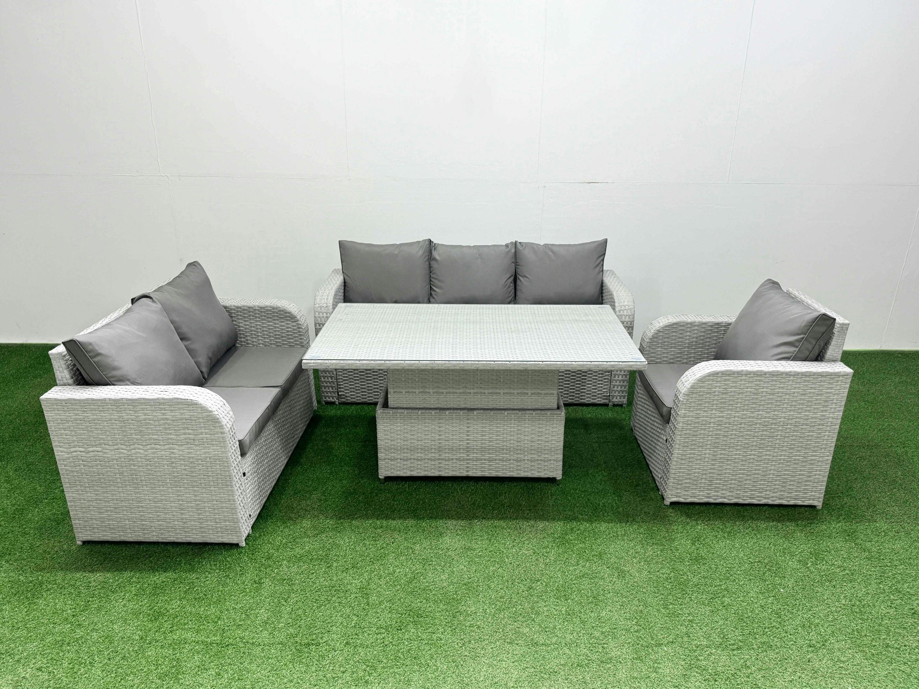 Rackhams Light/Grey 6 Seater Pe Wicker Patio Set, Adj Height Table, Reclining Chair, Loveseat, 3 Seater Sofa,