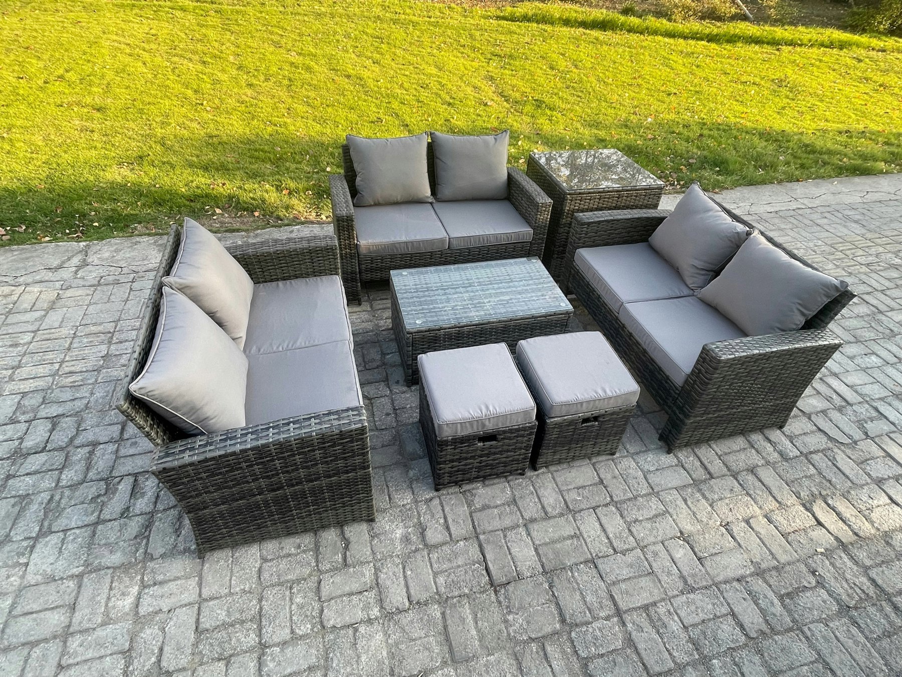 Fimous Dark/Grey 7Pc Rattan Sofa Garden Furniture Outdoor Patio Set With Side Table 2 Small Footstools Double Seat Sofa Mixed