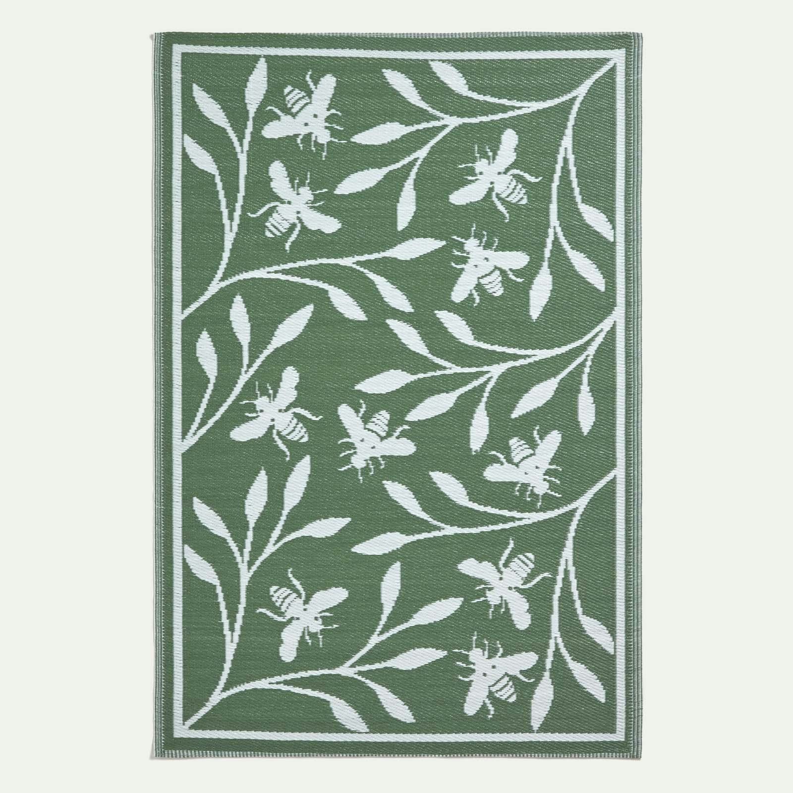 Homescapes Green/White Outdoor Rug Luxury Waterproof Reversible, For Garden, Floral Bee - 122 X 182 Cm