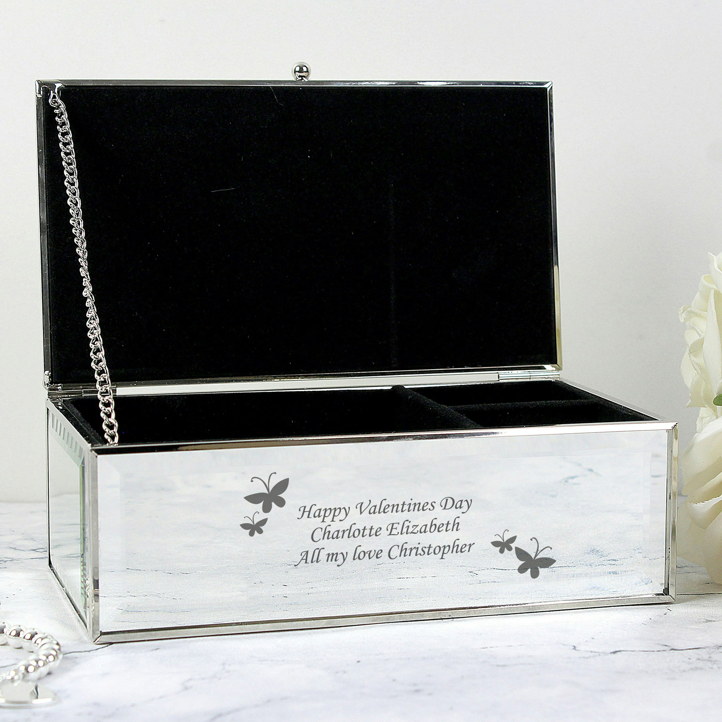 Personalised Memento Company Black Personalised Butterflies Mirrored Jewellery Box