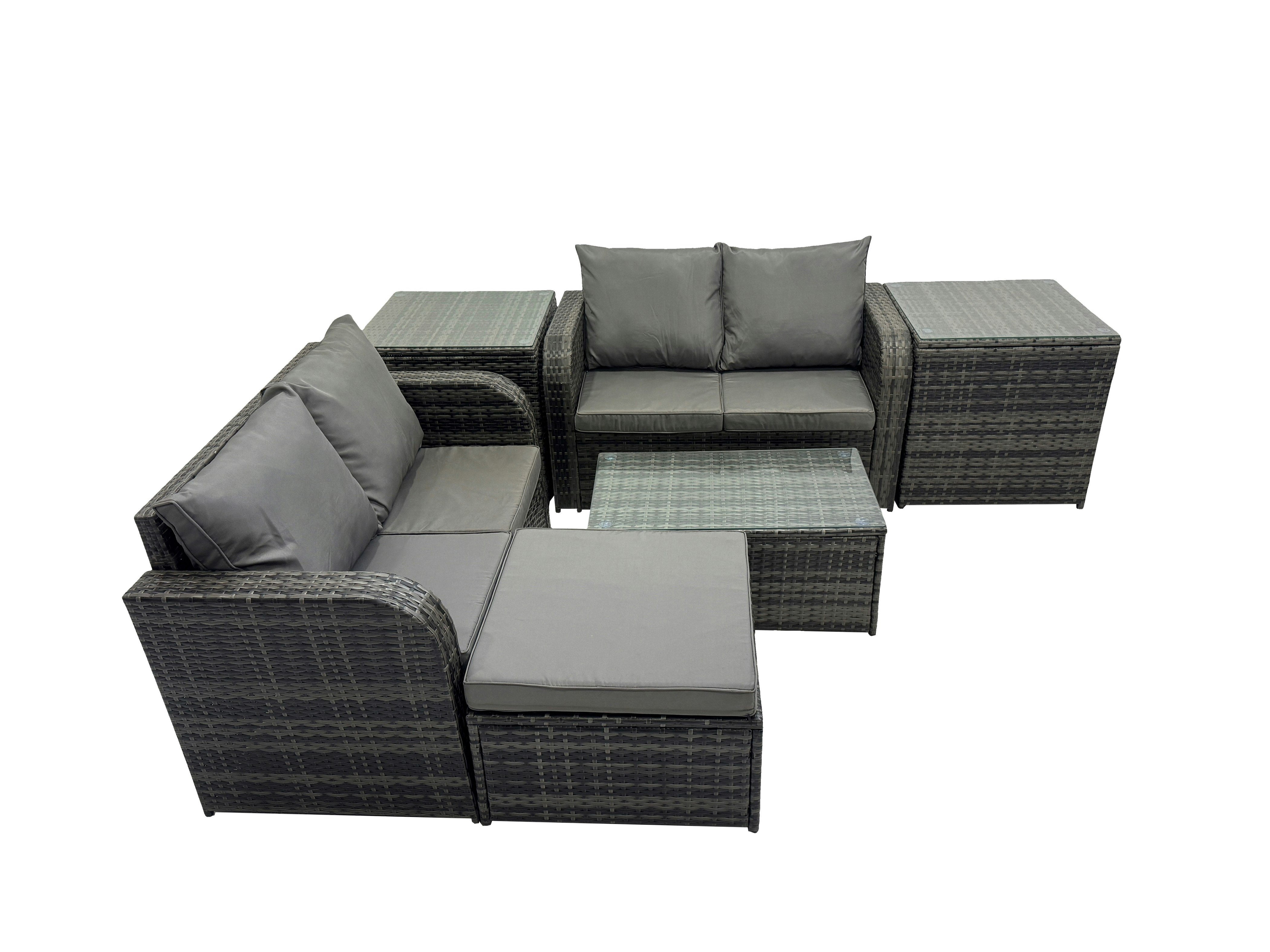 Fimous Dark/Grey Outdoor Love Sofa Coffee Table Set Garden Rattan Furniture Set 5 Seater With 2 Side Tables Big Stool