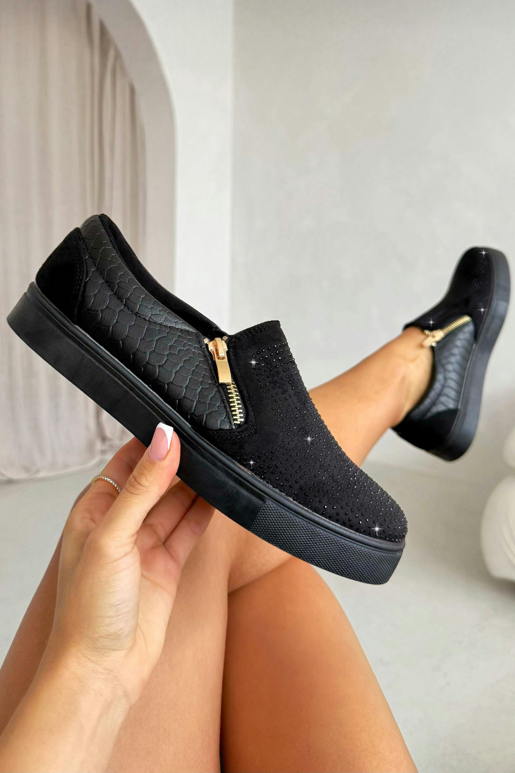 Love Lemonade Women's Black Crystal Suede Zip Pumps Trainers - Uk 4 - Eu 37 - Us 6