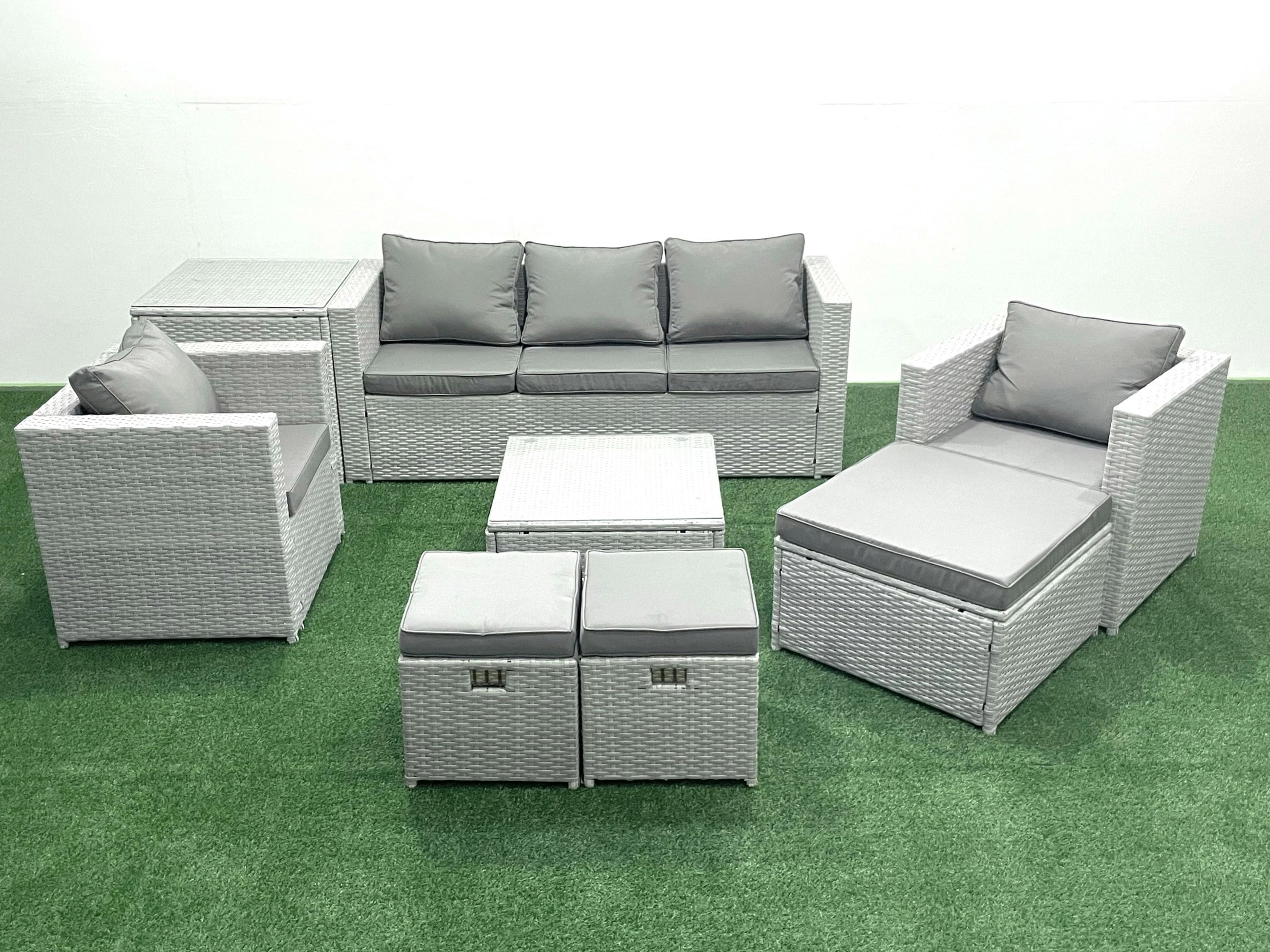 Fimous Light/Grey Rattan Garden Outdoor Furniture Sofa Set With Square Coffee Table 2 Chairs 3 Footstools Side Table Mixed