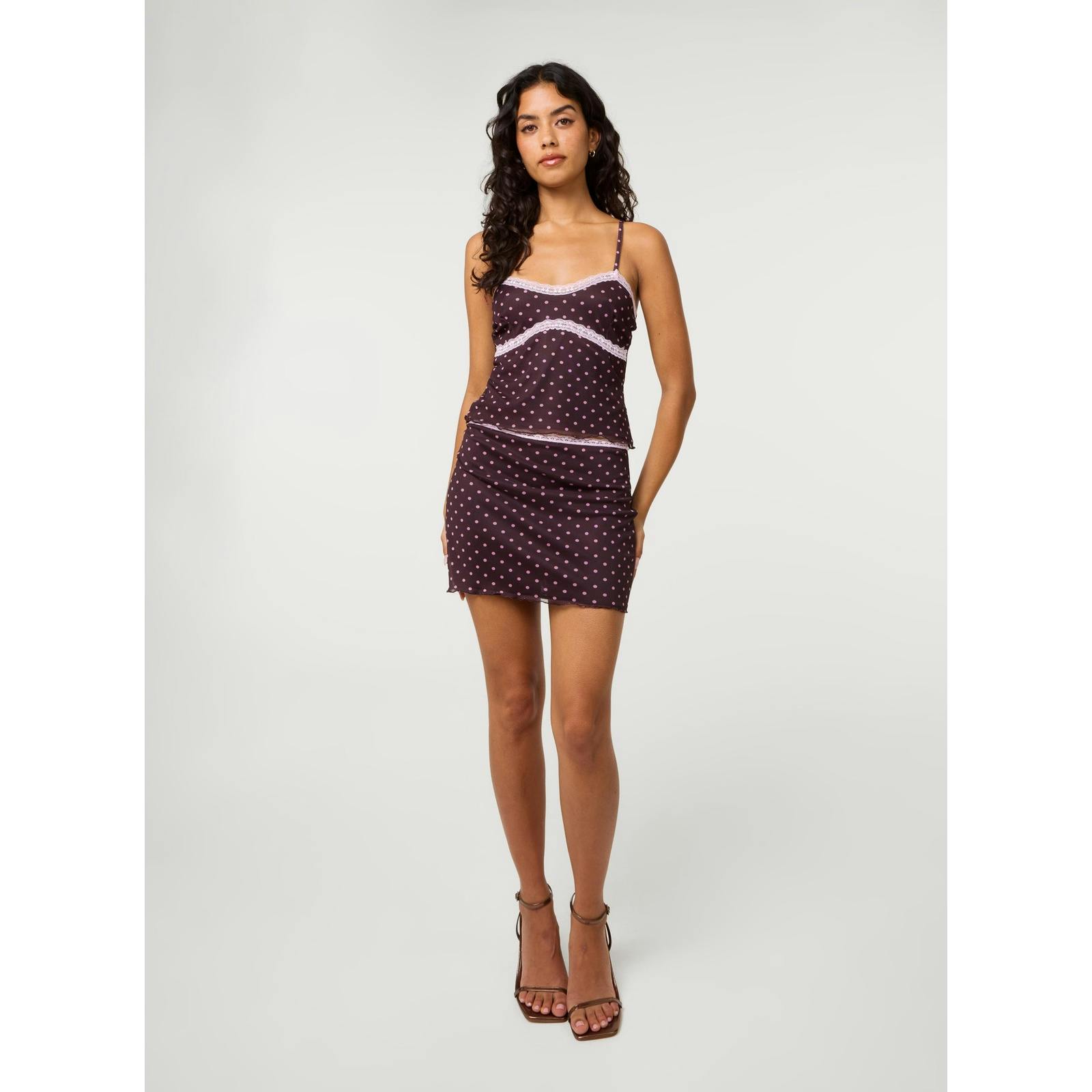 Pink Vanilla Pink/Brown Vanilla Polka Dot Lace Mini Skirt - M