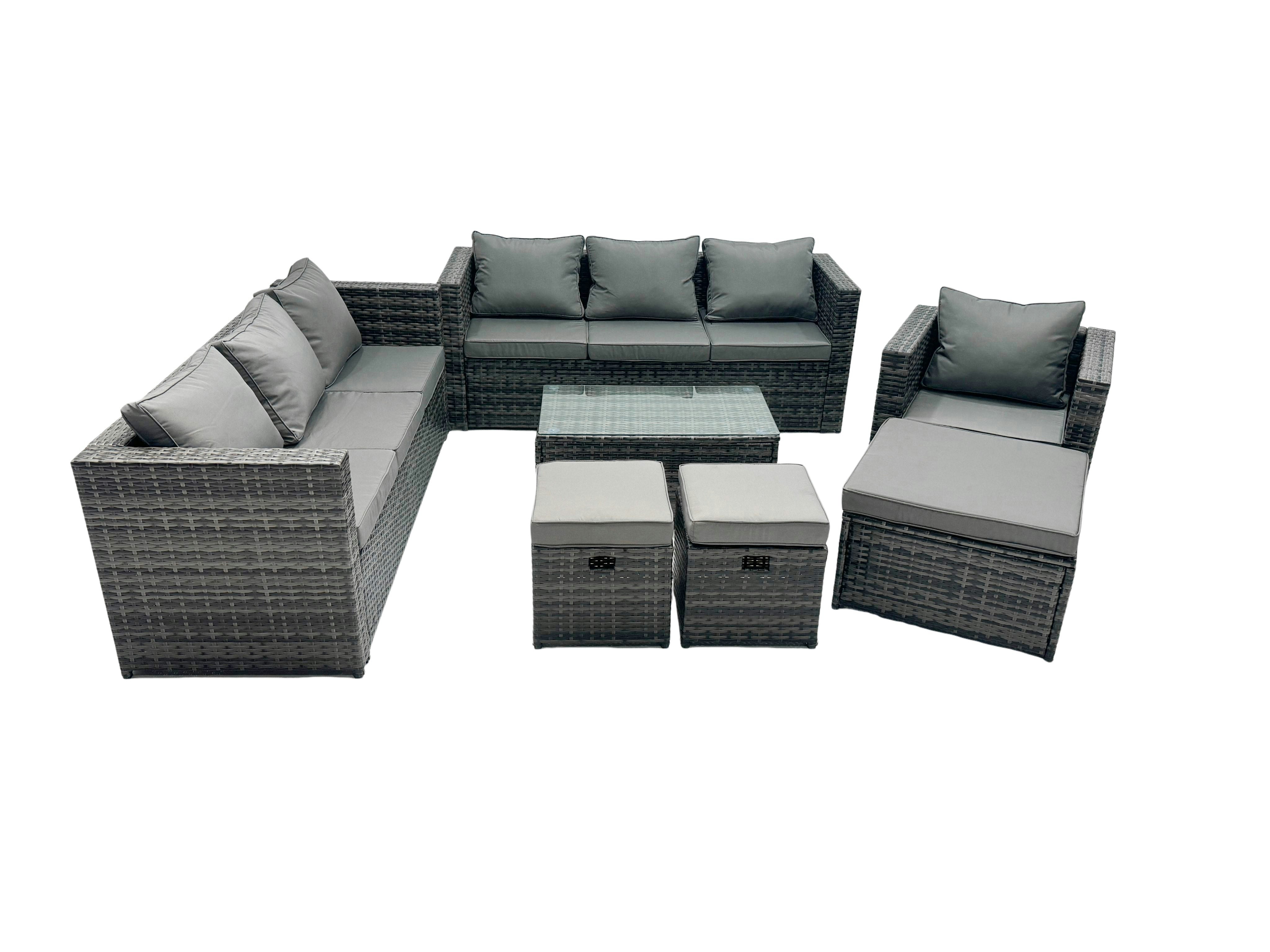 Rackhams Dark/Grey Rattan Garden Furniture Dining Set 10 Seater Patio Coffee Table Sofa Set With 3 Stools Mixed