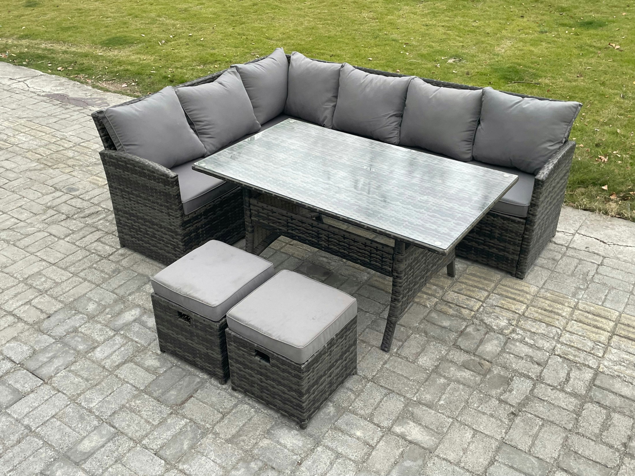 Fimous Dark/Grey Outdoor Rattan Garden Furniture Corner Sofa Set With Rectangular Dining Table 2 Small Footstools Patio Wicker Rattan Set Mixed