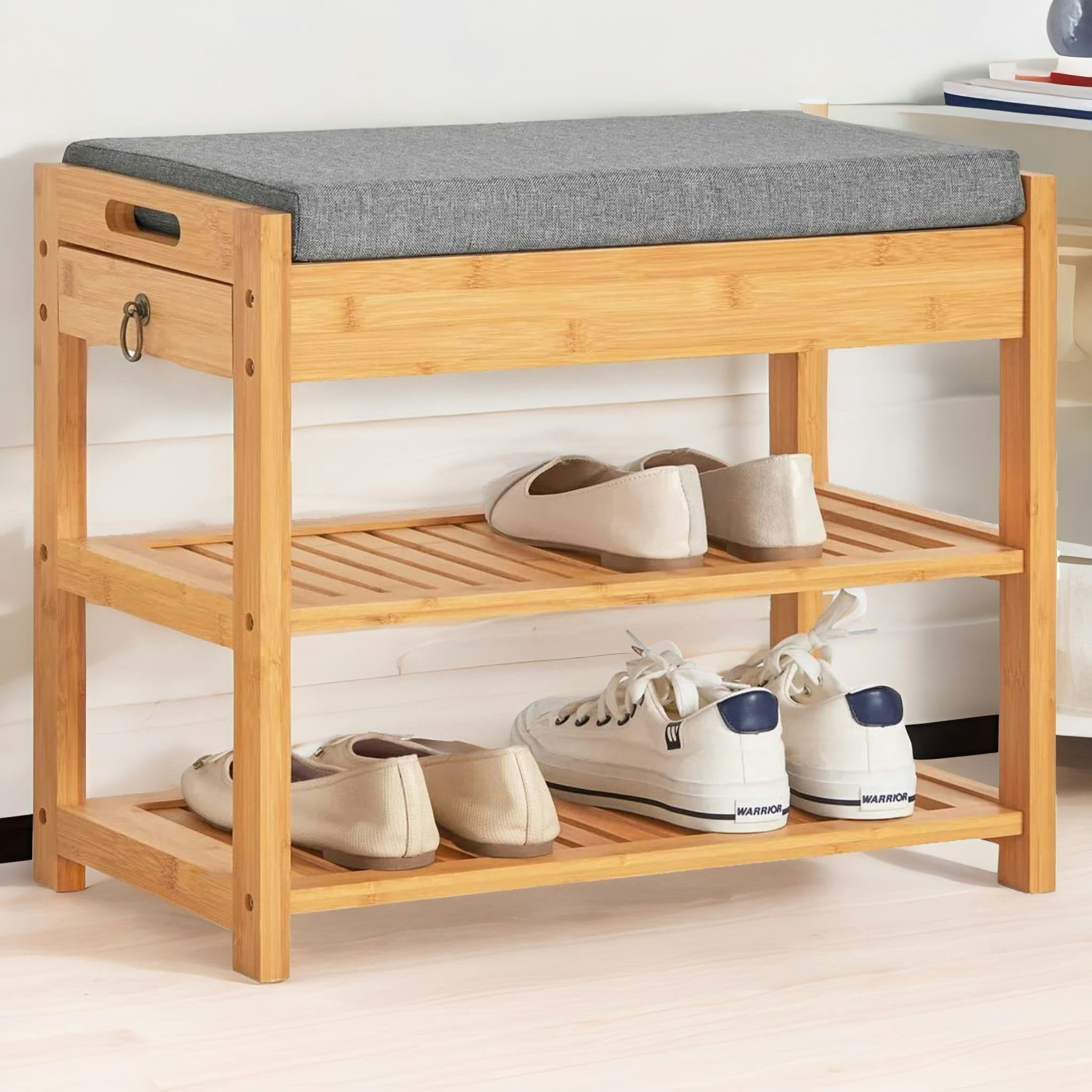 Rackhams Grey Wooden Shoe Storage Bench With Hidden Drawer & Cushioned Seat