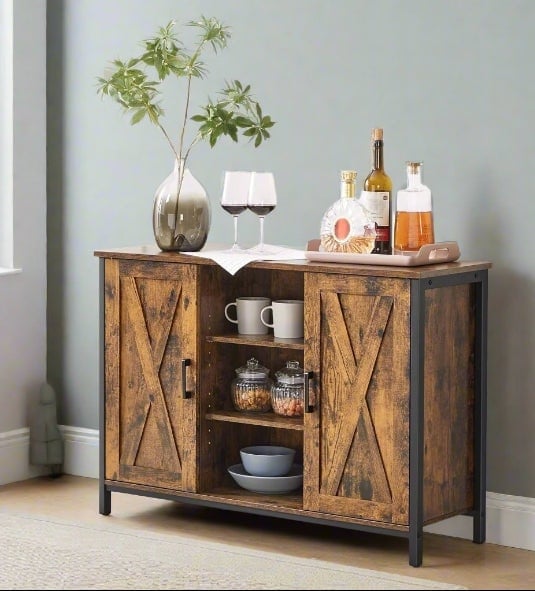 Modcraft Brown/Black Industrial Sideboard Buffet Table With Barn Doors & Adjustable Shelves – Rustic &