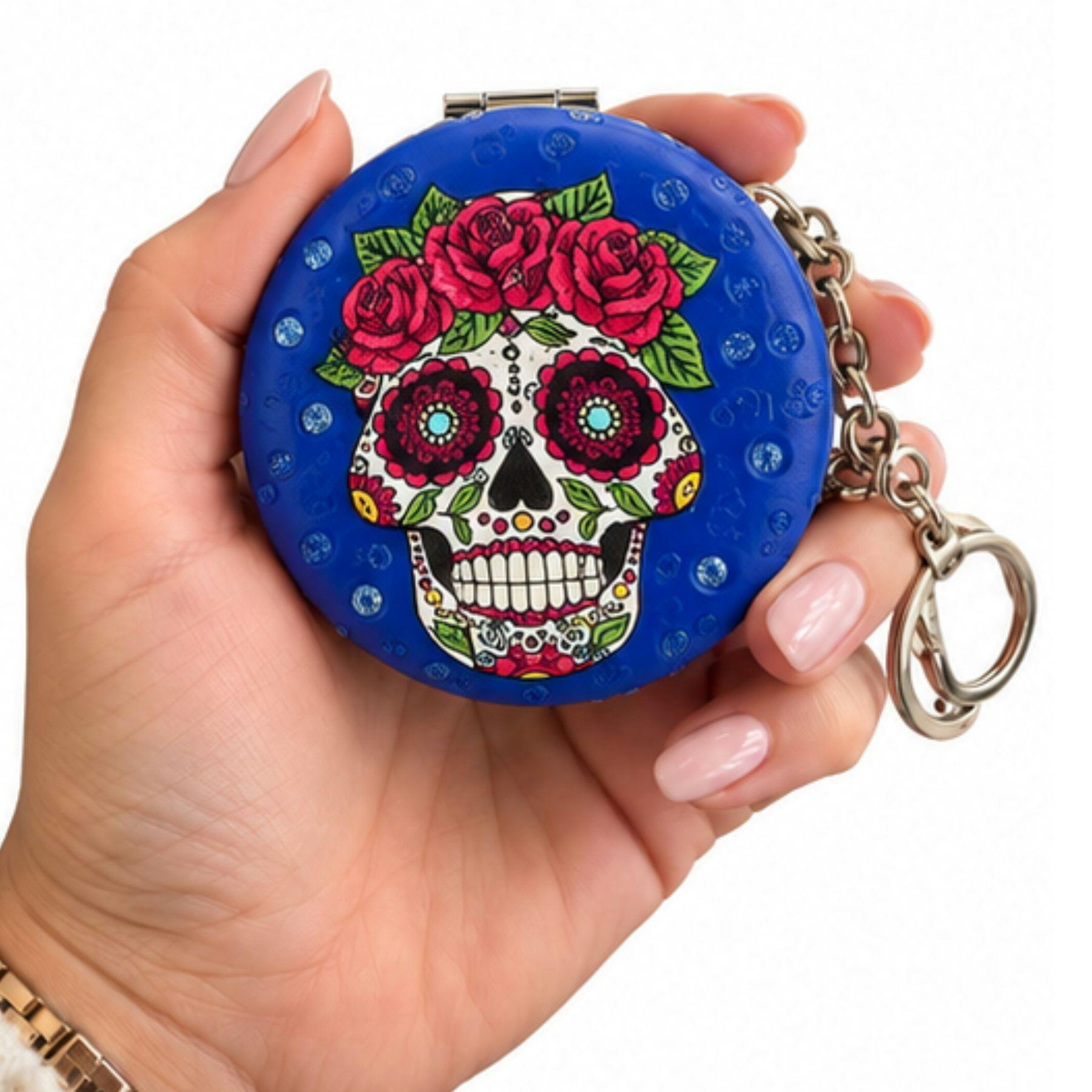 Love Emvy Blue Sparkly Sugar Skull Compact Mirror