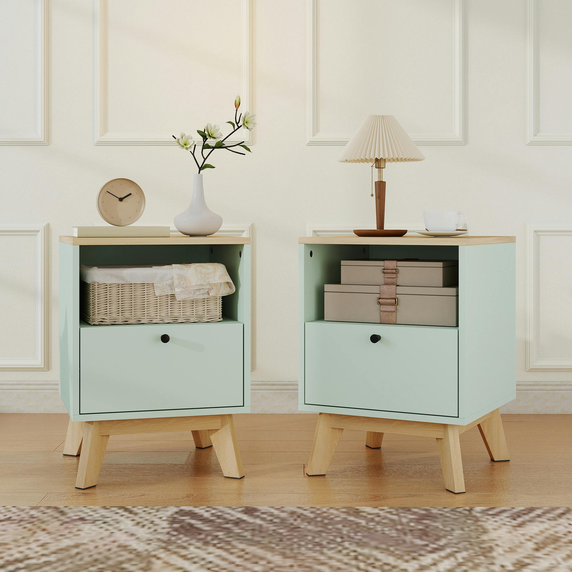 Rackhams Light/Green Modern Nightstand Set Of 2, Bedside Table With Drawer And Open Shelf - 1 - Modern
