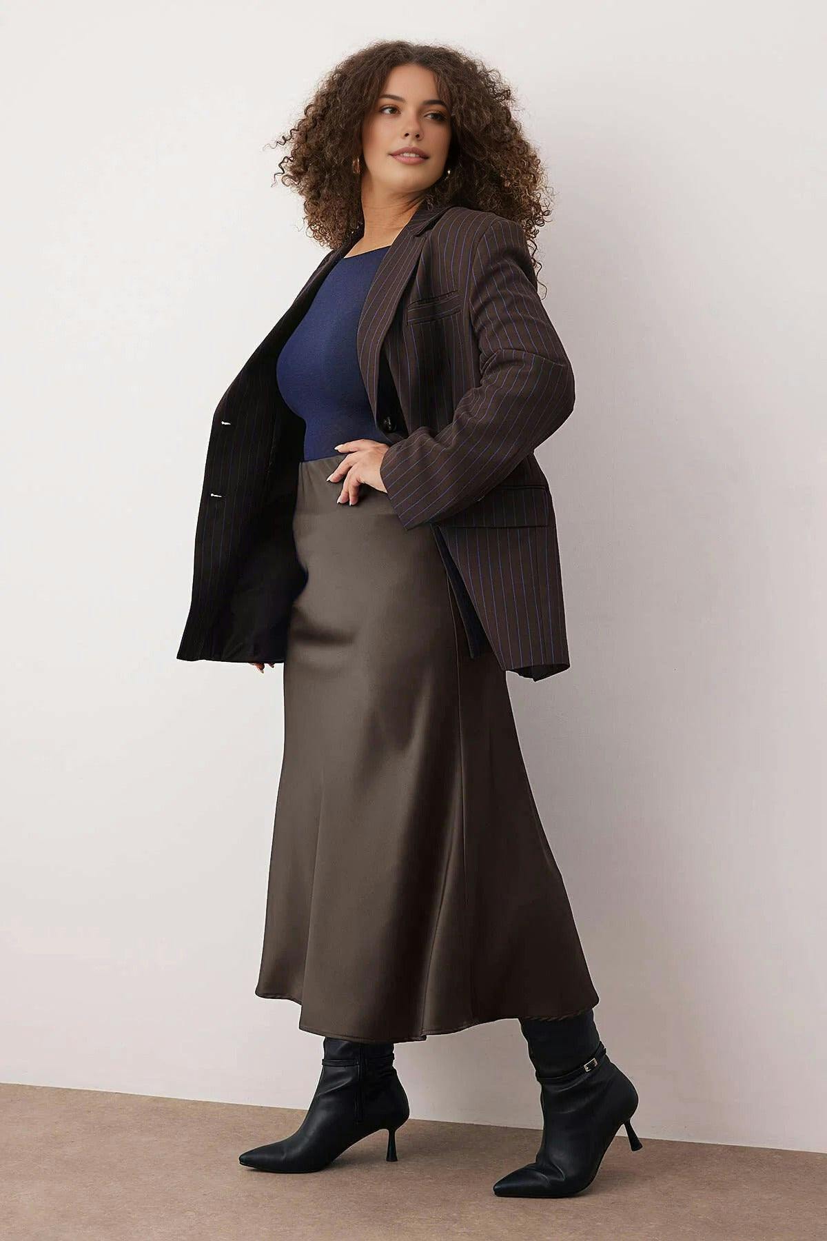 Wovcor Brown Midi Length Satin Woven Plus Size Skirt - 18