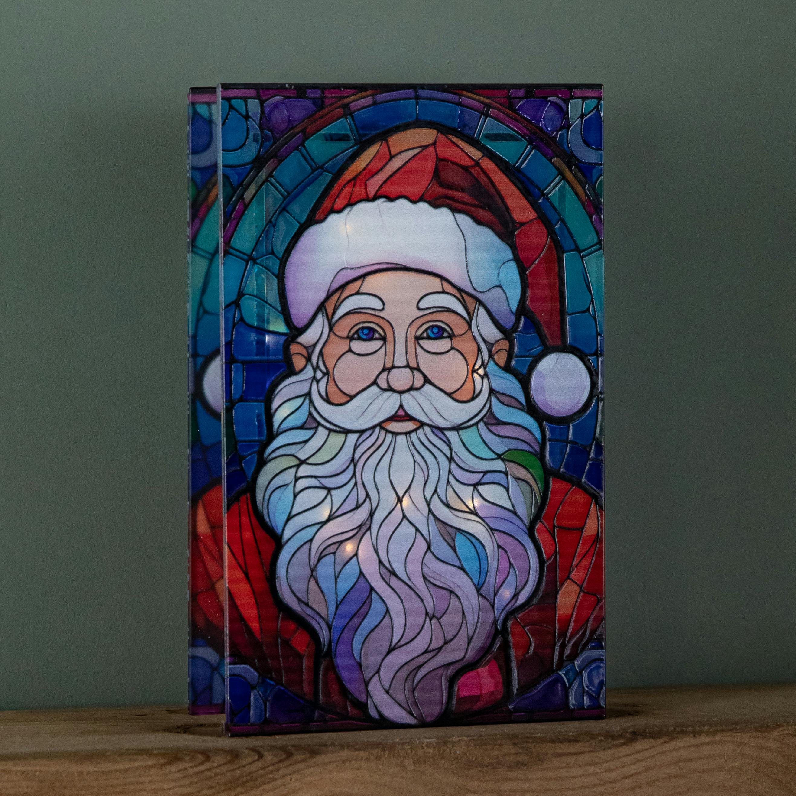 Rackhams White/Light 21Cm Battery Operated Double Sided Stained Glass Santa Decoration With Leds