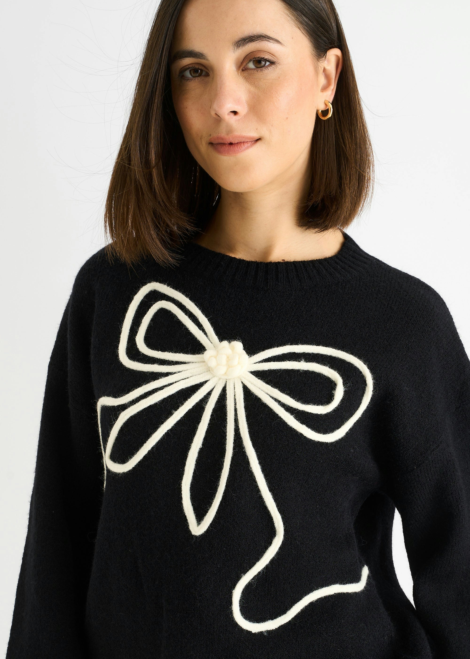 Gini London Black Contrast Bow Pattern Oversized Jumper - L-Xl (Uk 14-16/Us 10-12/Eu 42-44)