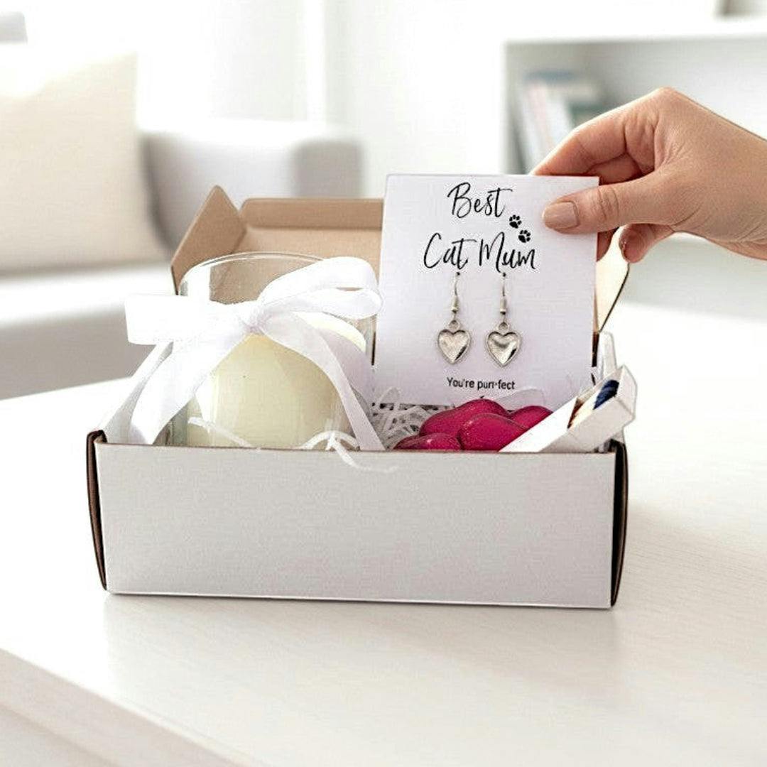 Small Best Cat Mum Gift Hamper Heart Earrings Chocolates Candle - Image 2