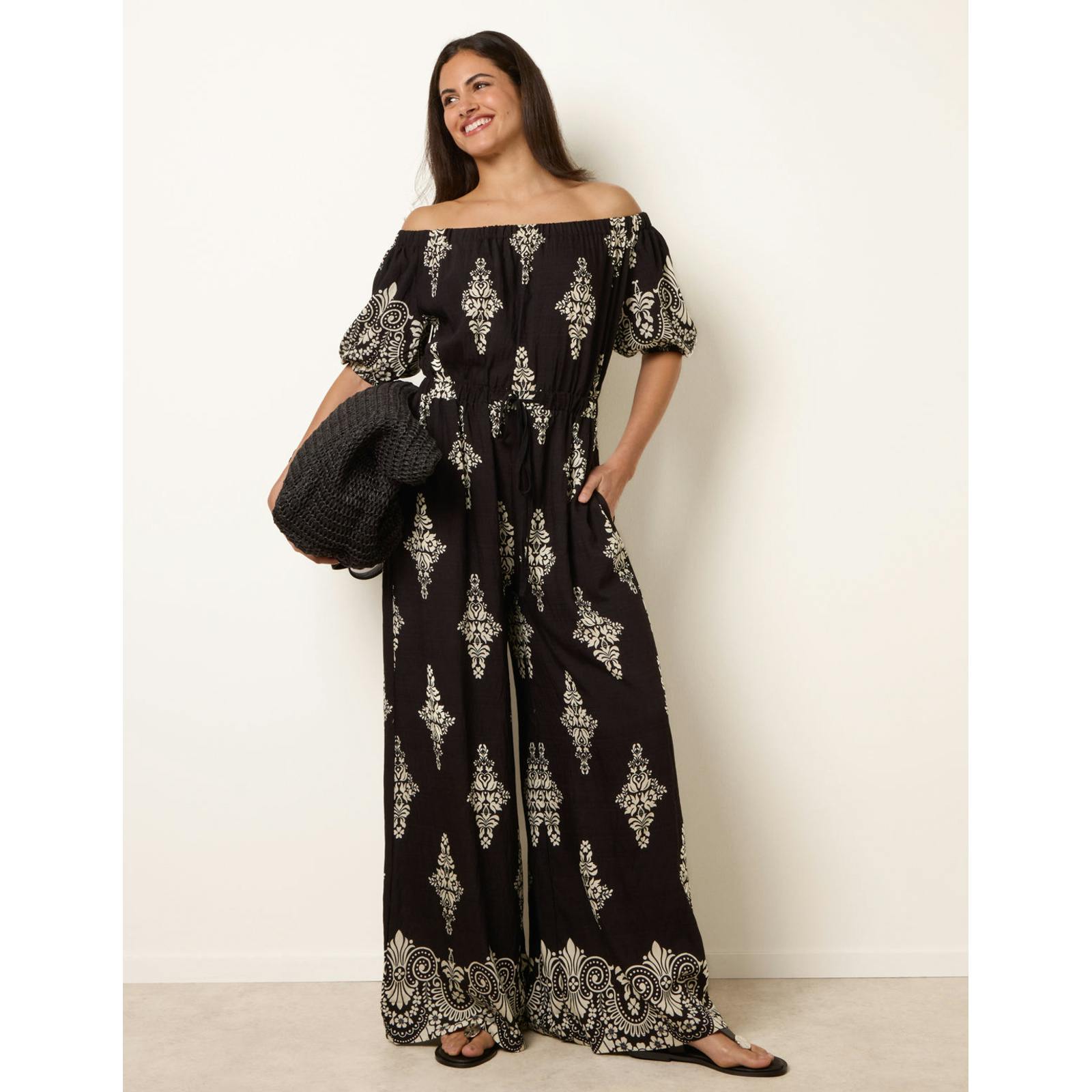 Blue Vanilla Blue/Black Vanilla Printed Off Shoulder Jumpsuit - S