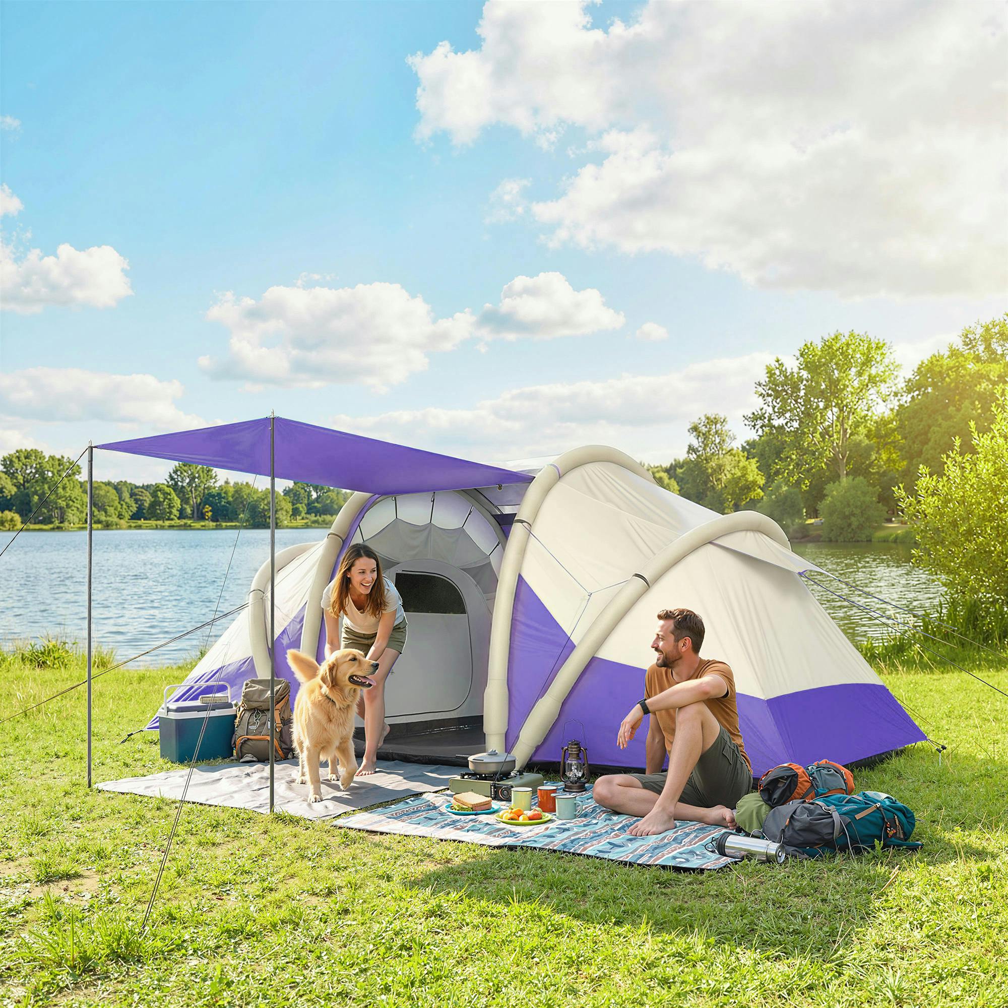 Outsunny Purple Inflatable Tent 3000Mm Waterproof For 2-4 Person
