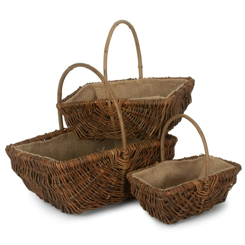 Red Hamper Rectangular Unpeeled Willow Garden Trug With Hessian Lining - Set Of 3 - Unpeeled