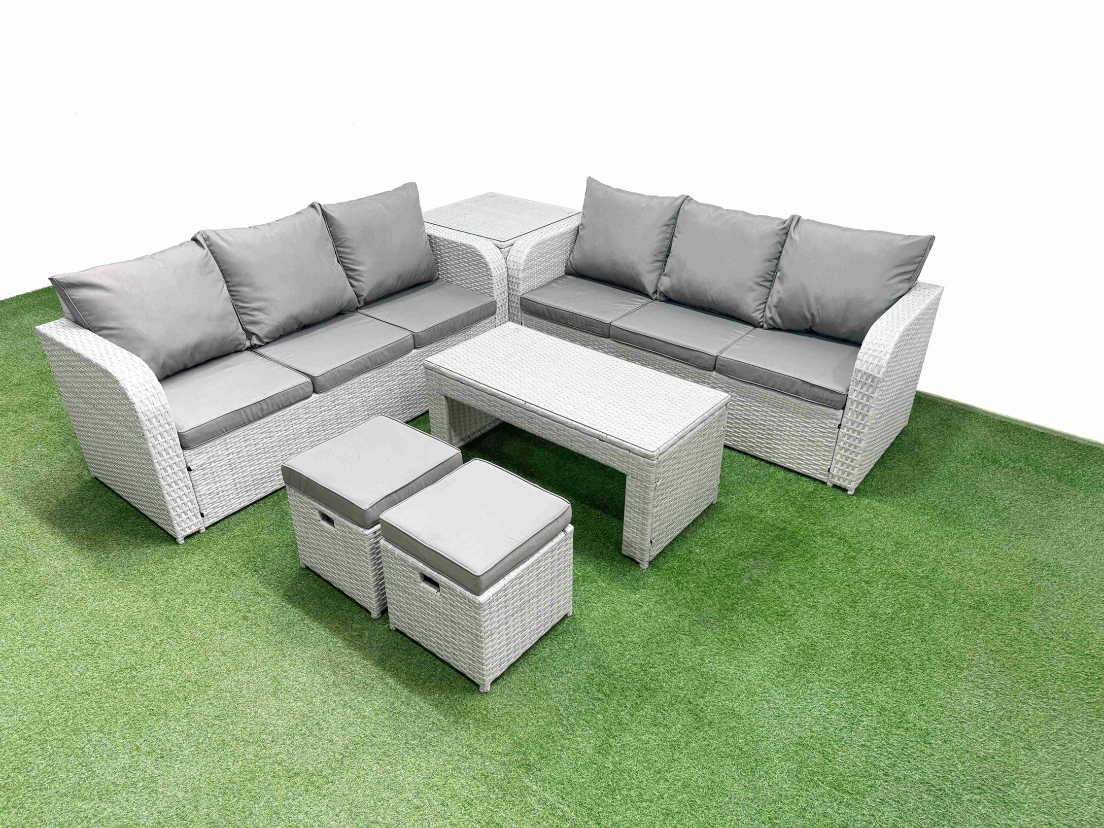 Fimous Light/Grey 8 Seater Rattan Outdoor Sofa Set - Wicker With Oblong Coffee Table, High Back Lounge Sofa & Stools