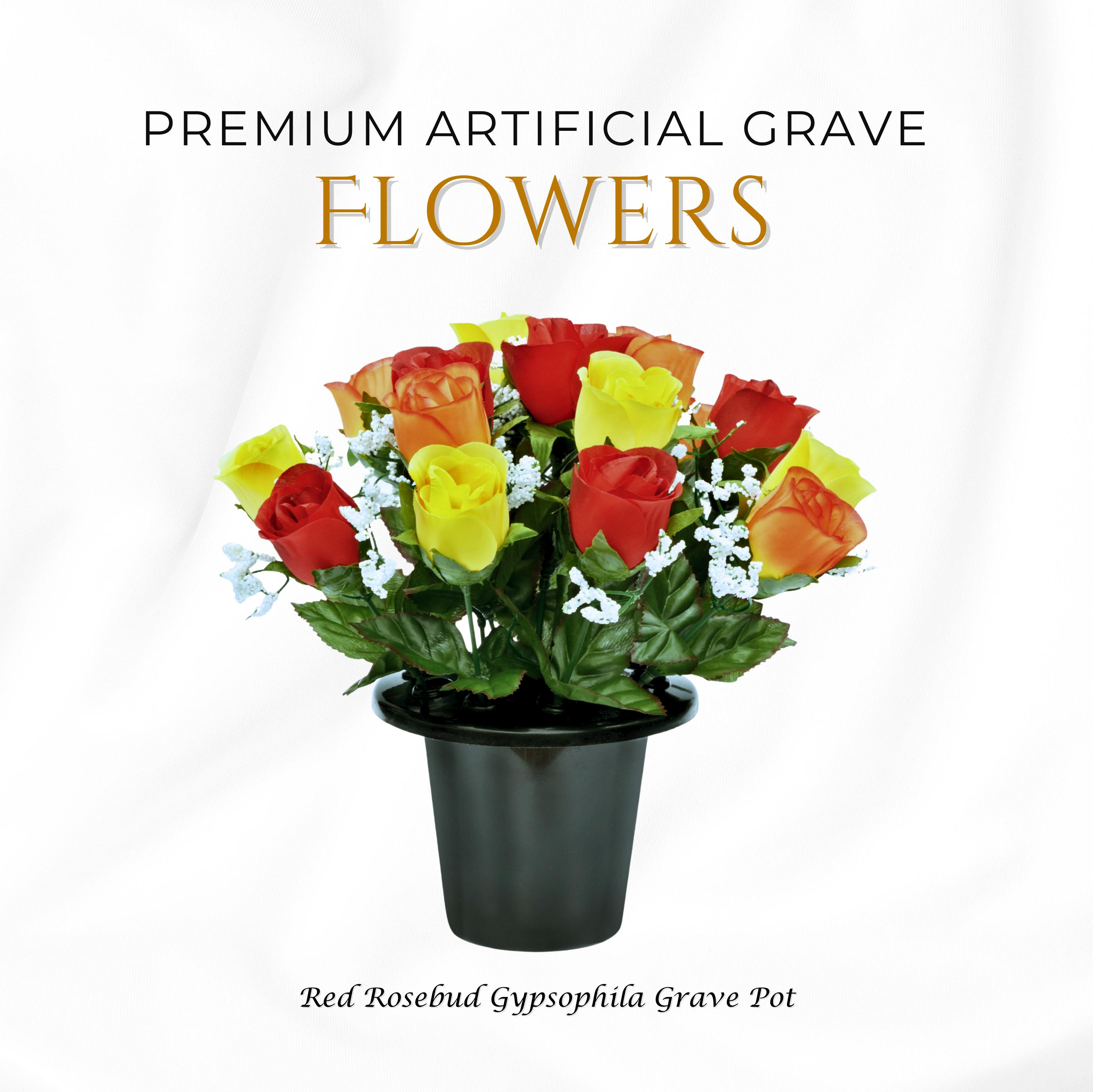 Rackhams Orange Premium Artificial Grave Flowers – 25Cm Rosebud With Gypsophila | Memorial Vase Pot