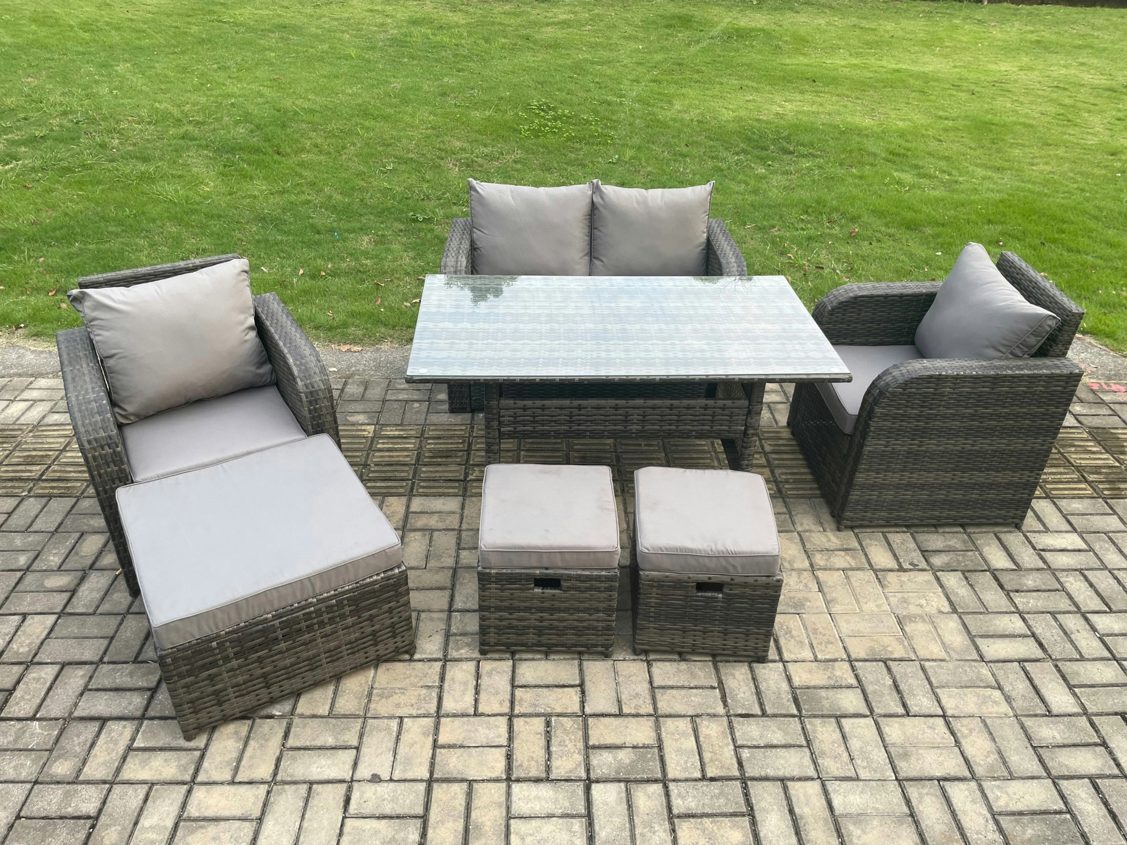 Fimous Dark/Grey Rattan Outdoor Garden Furniture Set Rectangular Dining Table And Chair Sofa Set With 3 Footstools Mixed