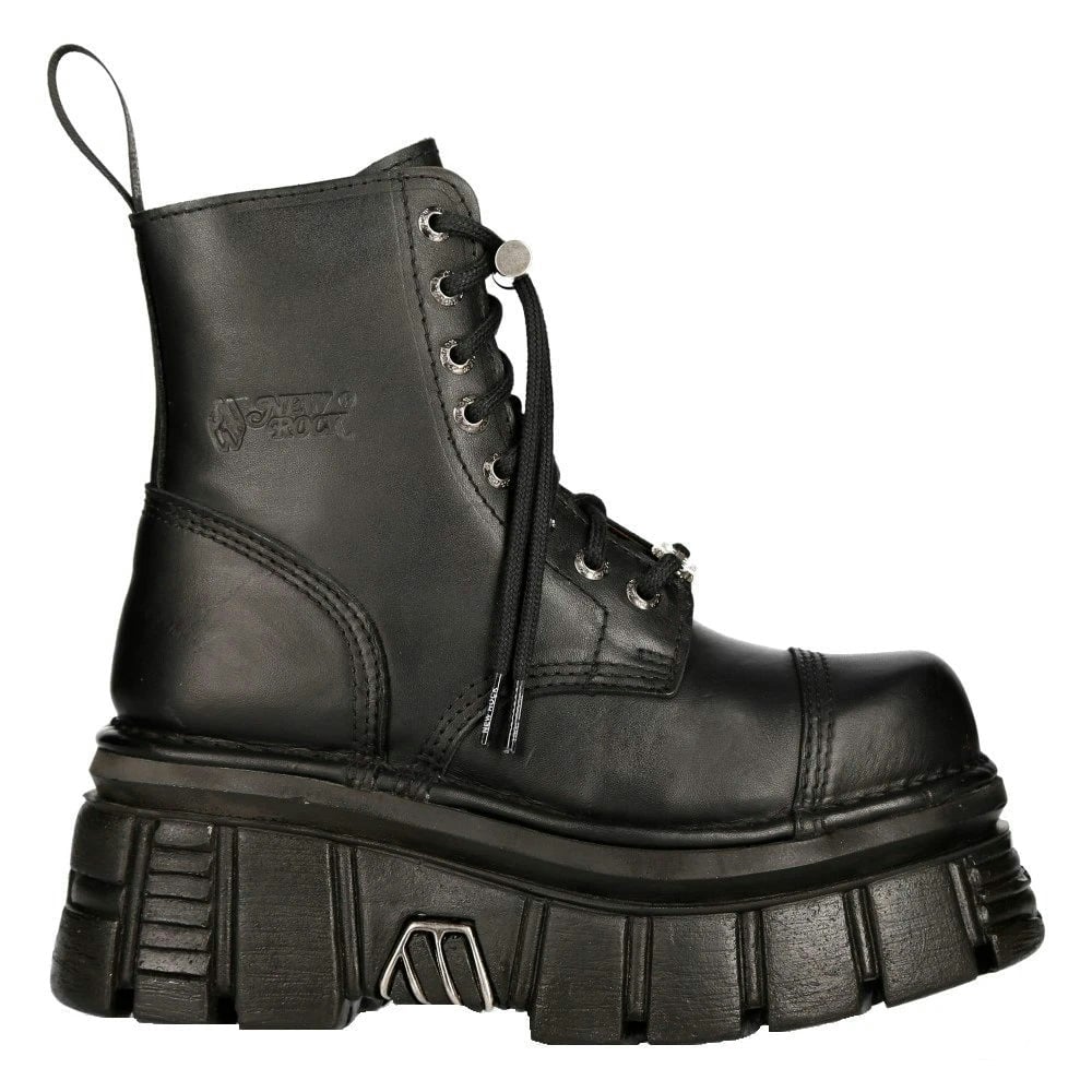 New Rock Black M-Newmili083-S21 Tower Combat Boots Leather Platform Biker Shoes - Eu 37