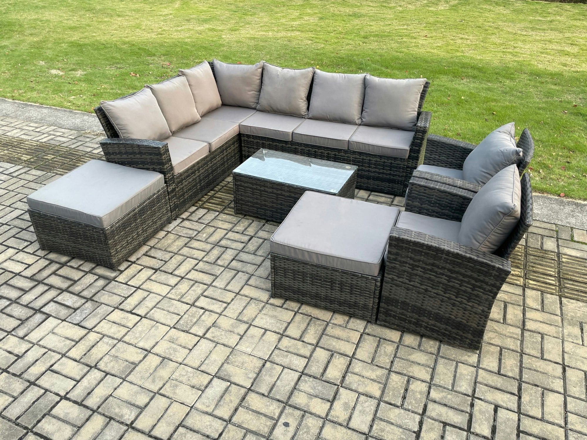 Fimous Dark/Grey 10 Seater Rattan High Back Outdoor Garden Furniture Set With Corner Sofa, Coffee Table, 2 Footstools, 2 Chairs