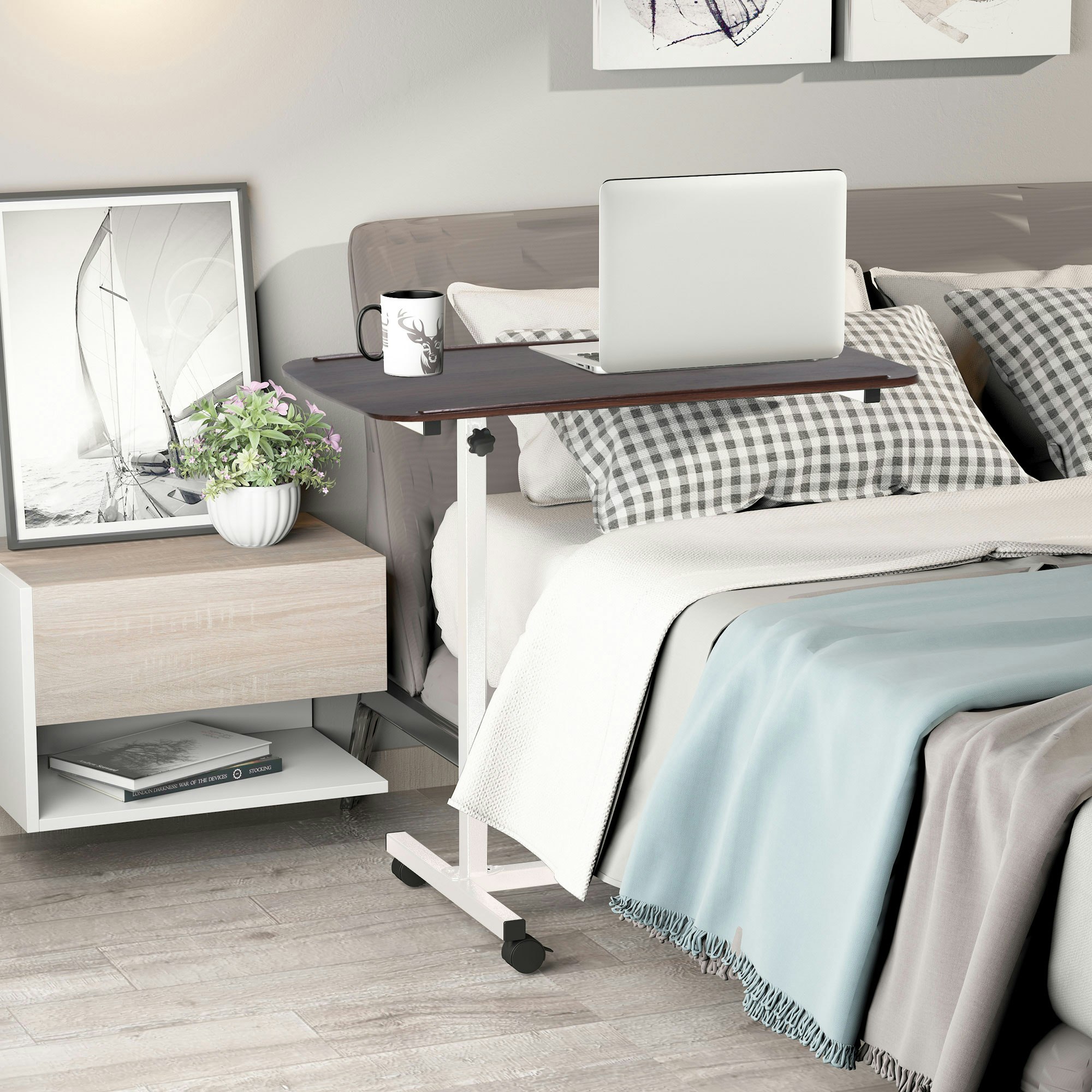 Rackhams Brown C-Shaped Mobile Table Sofa Over Bed Side Nightstand W/ Casters