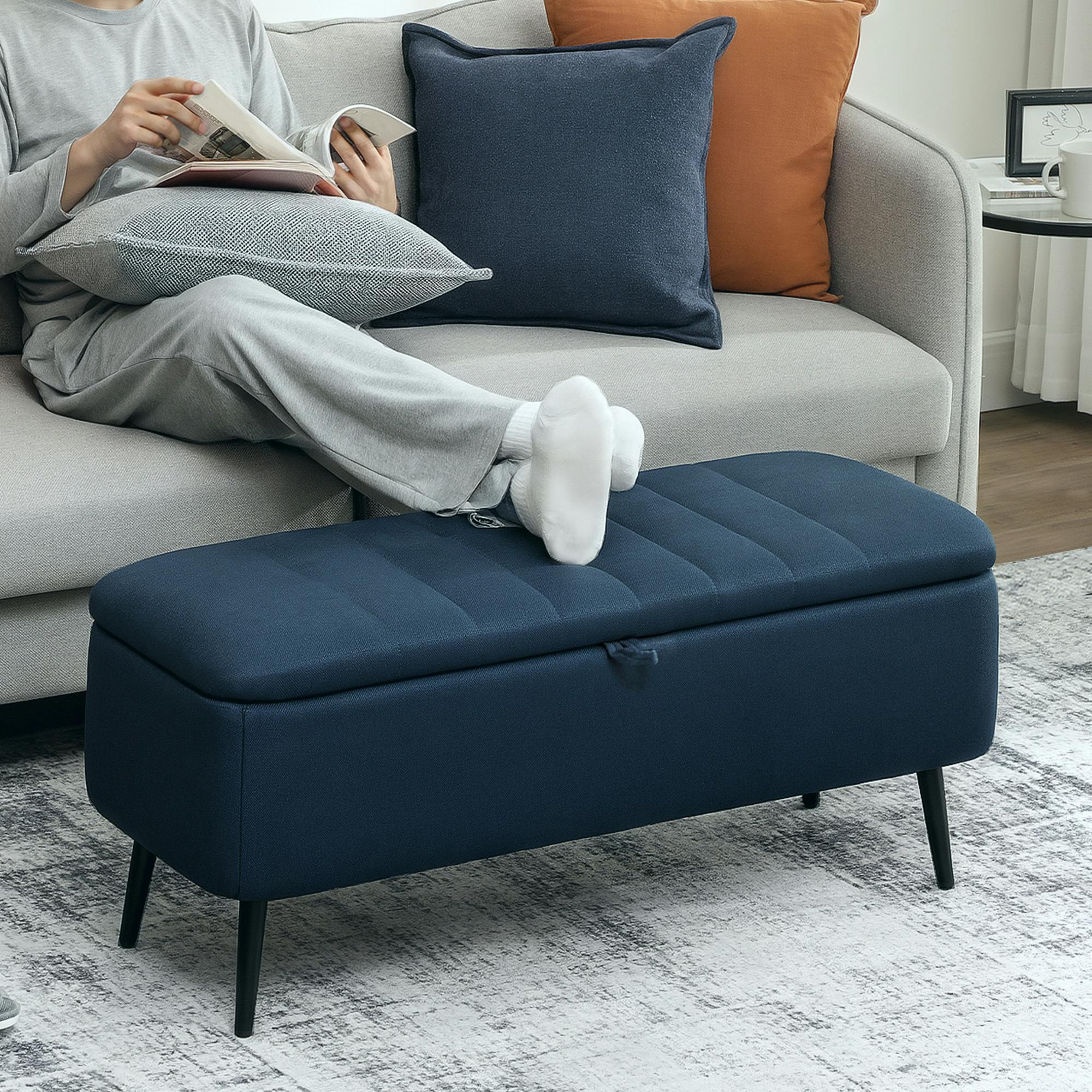 Rackhams Blue/Dark Storage Ottoman Bench, Linen Fabric Footstool With Steel Legs - 1 - Storage Ottoman